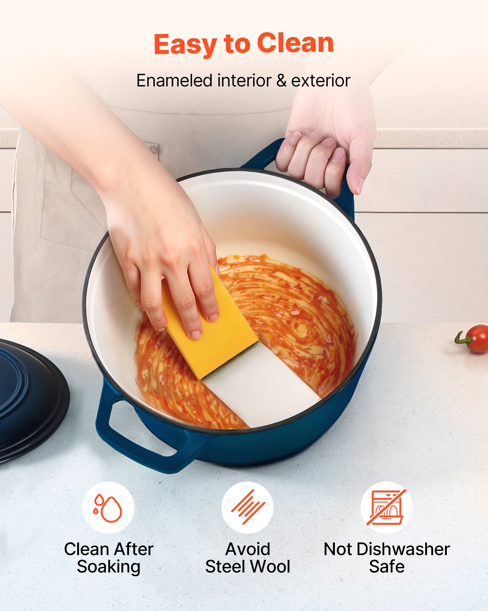 VEVOR Horno Holandés de Hierro Fundido Esmaltado, 5,68 L, para Hornear Pan de Masa Madre, Olla Robusta con Tapa y 2 Asas, Apto hasta 260 °C, Ideal para Cocinar y Freír, 350 x 270 x 190 mm, Azul