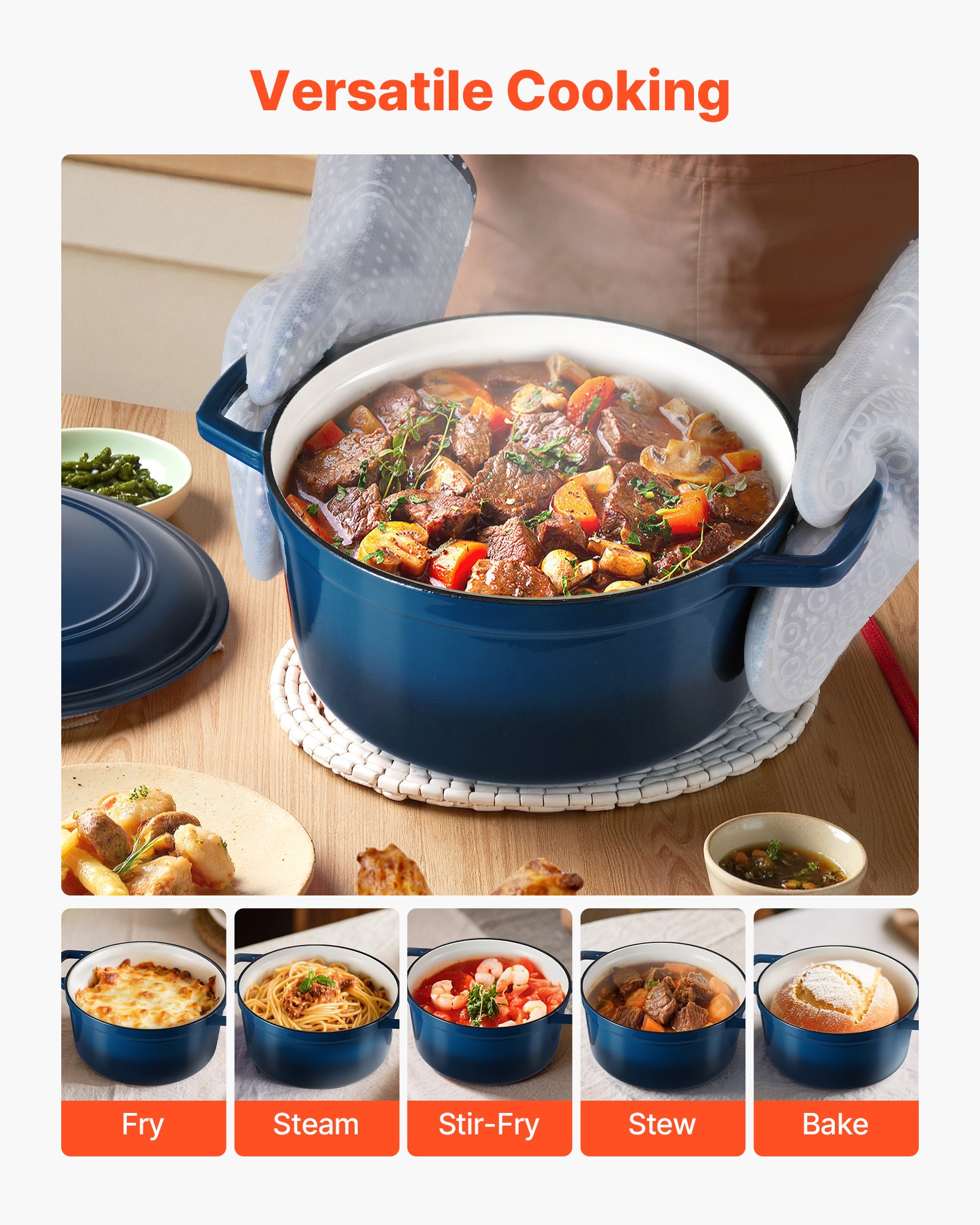 VEVOR Horno Holandés de Hierro Fundido Esmaltado, 5,68 L, para Hornear Pan de Masa Madre, Olla Robusta con Tapa y 2 Asas, Apto hasta 260 °C, Ideal para Cocinar y Freír, 350 x 270 x 190 mm, Azul