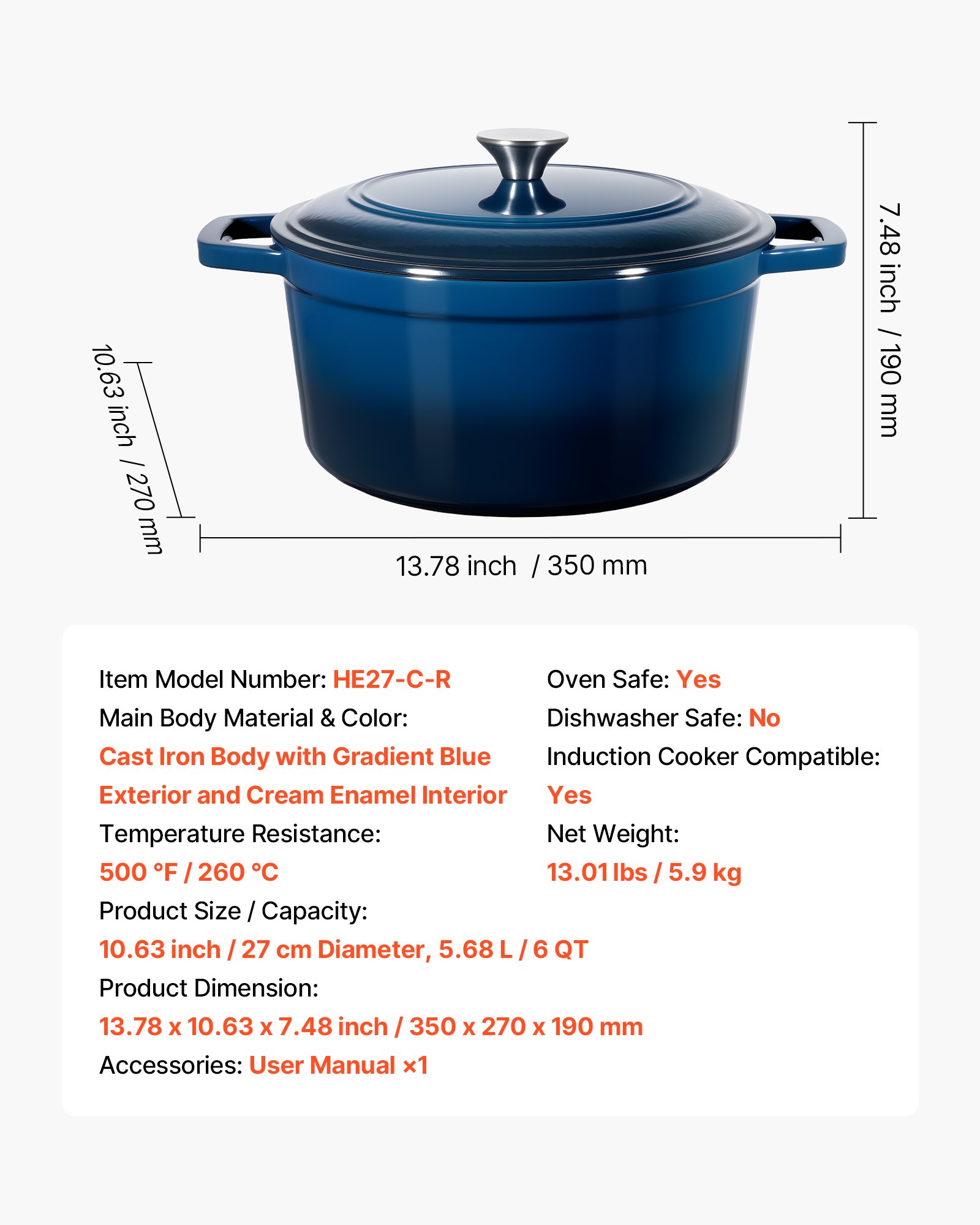 VEVOR Horno Holandés de Hierro Fundido Esmaltado, 5,68 L, para Hornear Pan de Masa Madre, Olla Robusta con Tapa y 2 Asas, Apto hasta 260 °C, Ideal para Cocinar y Freír, 350 x 270 x 190 mm, Azul