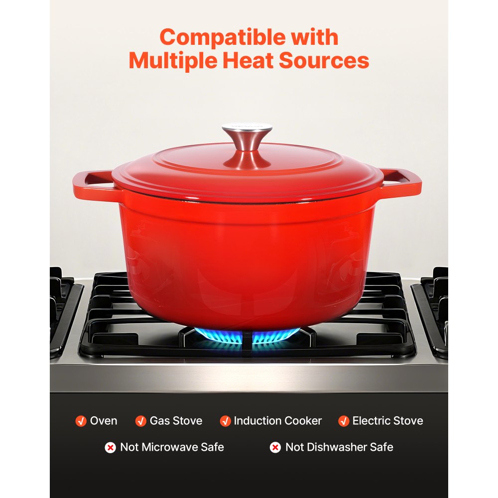 VEVOR Horno Holandés de Hierro Fundido Esmaltado, 5,68 L, para Hornear Pan de Masa Madre, con Tapa y 2 Asas, hasta 260 °C, Olla para Cocinar y Freír, 4 a 6 Personas, 350 x 270 x 190 mm, Rojo