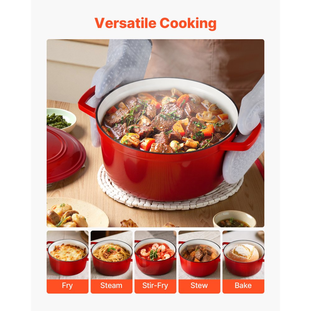VEVOR Horno Holandés de Hierro Fundido Esmaltado, 5,68 L, para Hornear Pan de Masa Madre, con Tapa y 2 Asas, hasta 260 °C, Olla para Cocinar y Freír, 4 a 6 Personas, 350 x 270 x 190 mm, Rojo