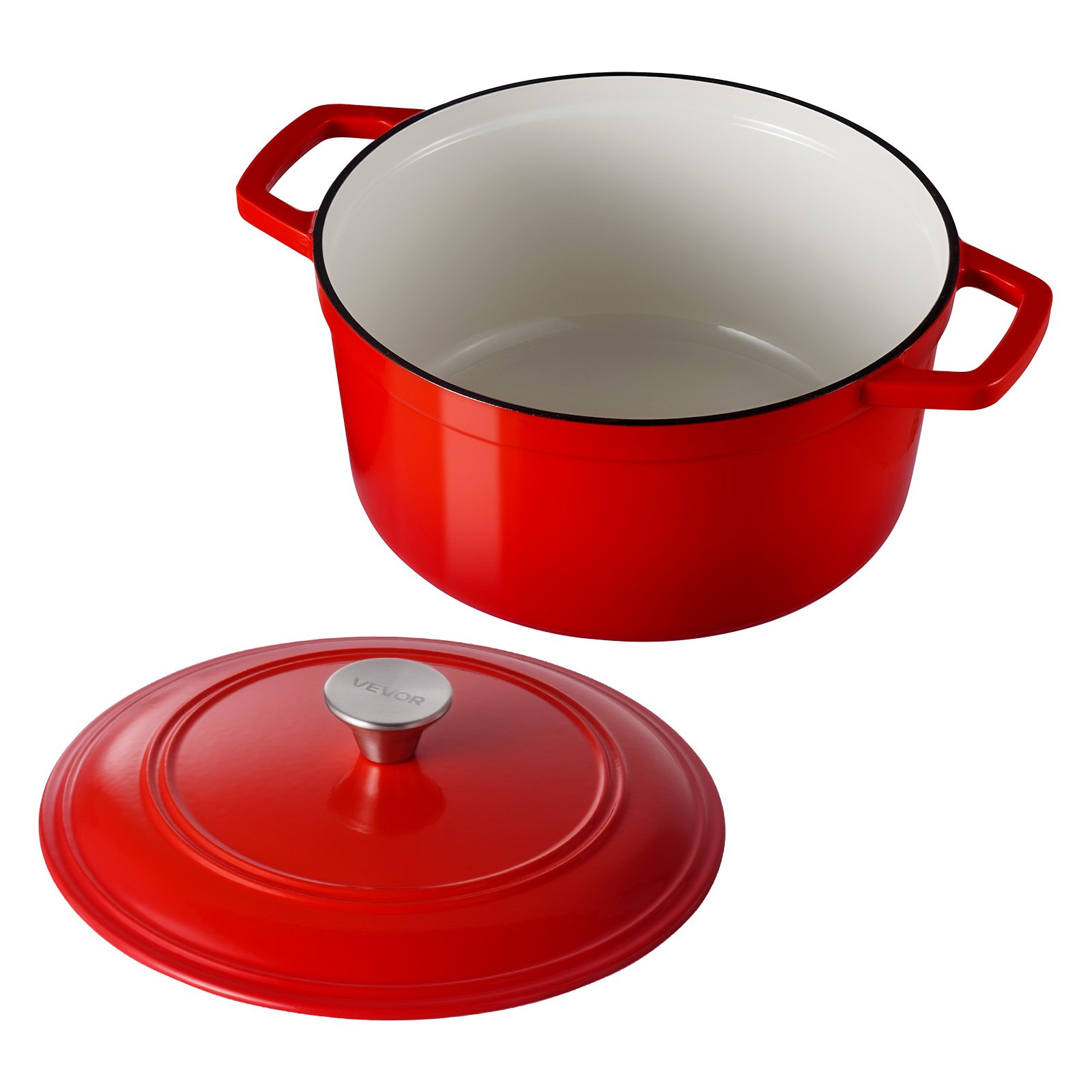 VEVOR Horno Holandés de Hierro Fundido Esmaltado, 5,68 L, para Hornear Pan de Masa Madre, con Tapa y 2 Asas, hasta 260 °C, Olla para Cocinar y Freír, 4 a 6 Personas, 350 x 270 x 190 mm, Rojo