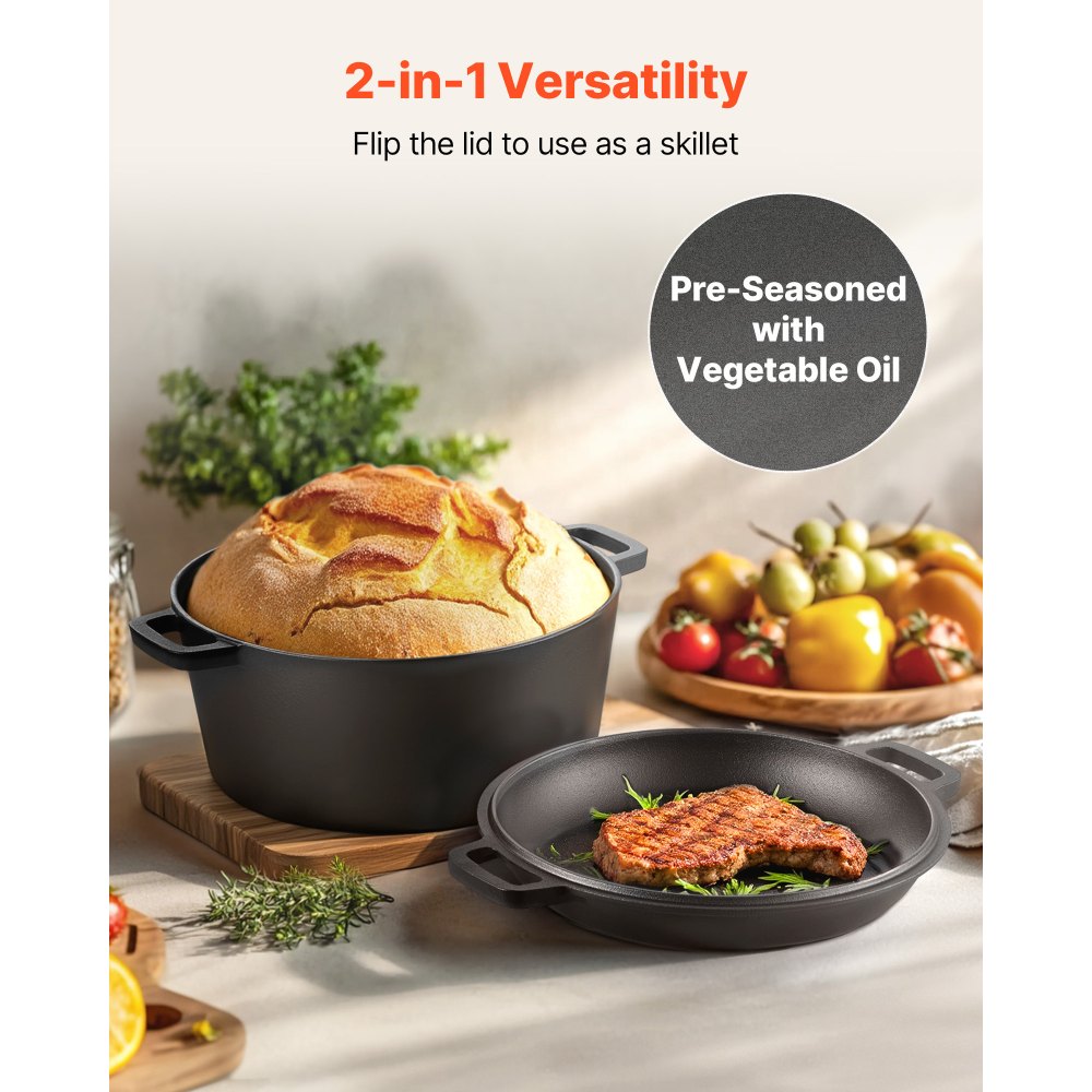 VEVOR Cast Iron Dutch Oven, 2-in-1 Pre-Seasoned Pot with Skillet Lid, 4.7L Cookware Pan with Proofing Basket, Bread Baking Accessories, Bread-Oven Compatible 260 ℃