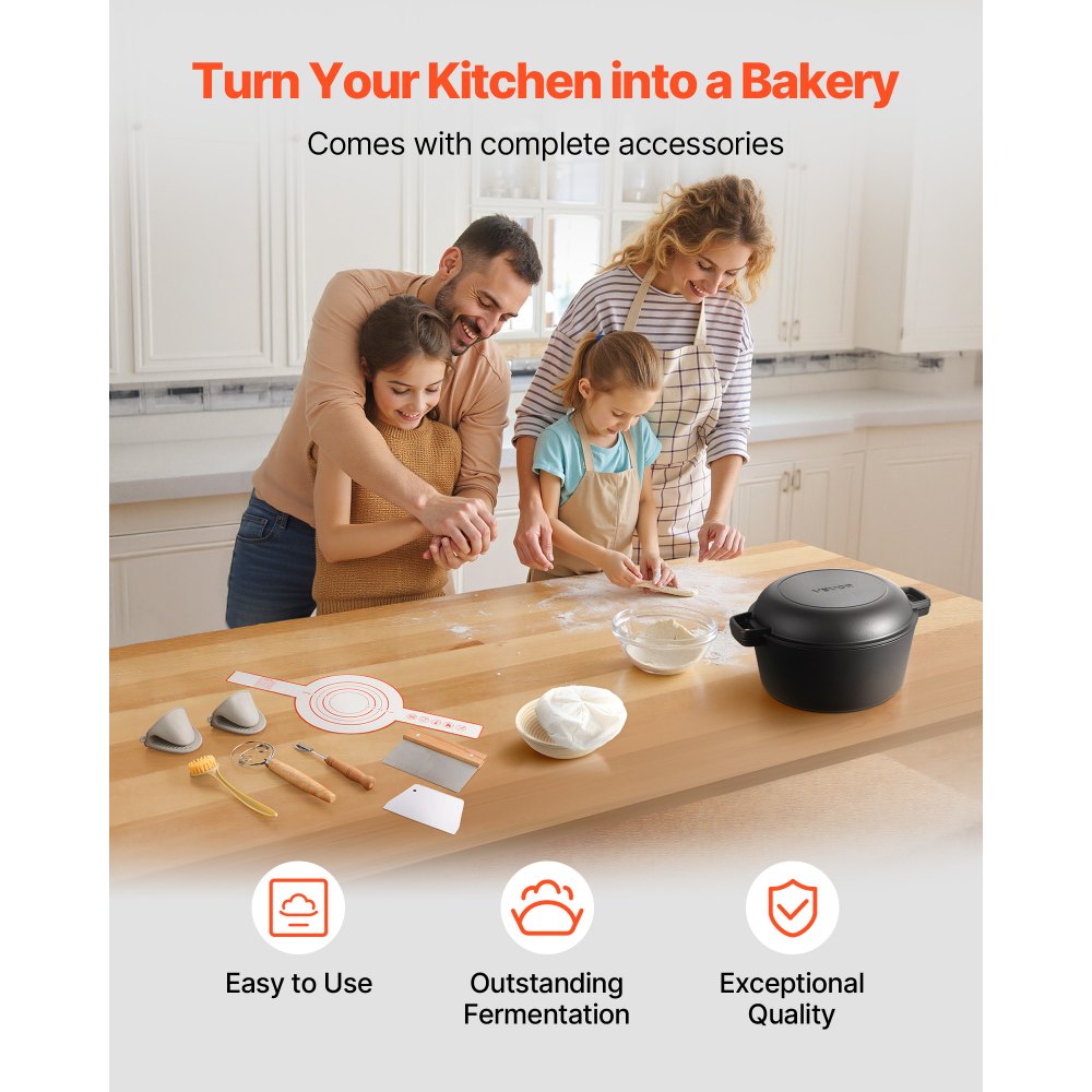 VEVOR Horno Holandés de Hierro Fundido, 2 en 1 con Tapa, 4,73 L, con Cesta de Fermentación y Accesorios, Compatible con Horno de Pan de 260 °C, para 3 a 5 Personas a la Vez, 322 x 260 x 165 mm