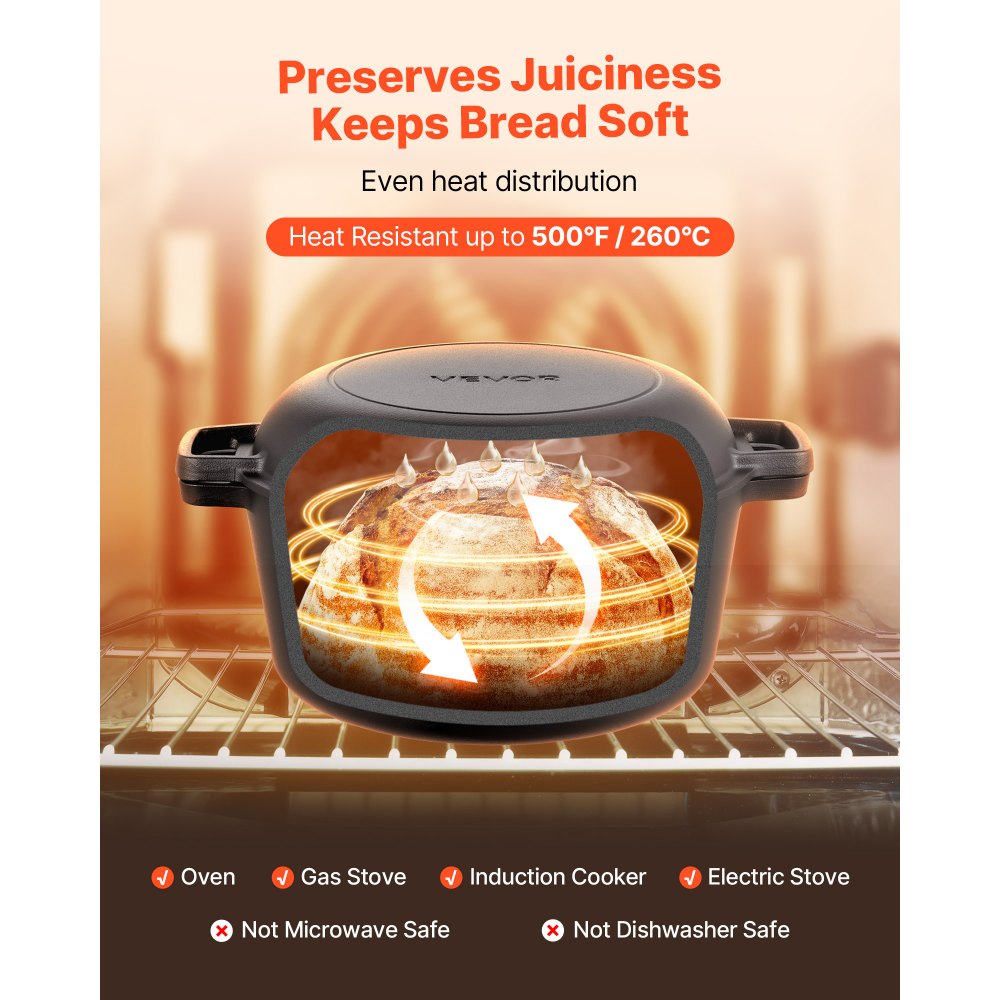 VEVOR Horno Holandés de Hierro Fundido, 2 en 1 con Tapa, 4,73 L, con Cesta de Fermentación y Accesorios, Compatible con Horno de Pan de 260 °C, para 3 a 5 Personas a la Vez, 322 x 260 x 165 mm