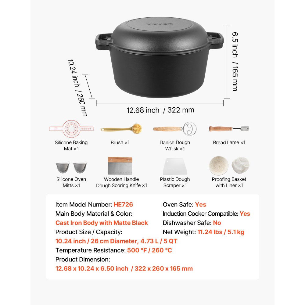 VEVOR Horno Holandés de Hierro Fundido, 2 en 1 con Tapa, 4,73 L, con Cesta de Fermentación y Accesorios, Compatible con Horno de Pan de 260 °C, para 3 a 5 Personas a la Vez, 322 x 260 x 165 mm