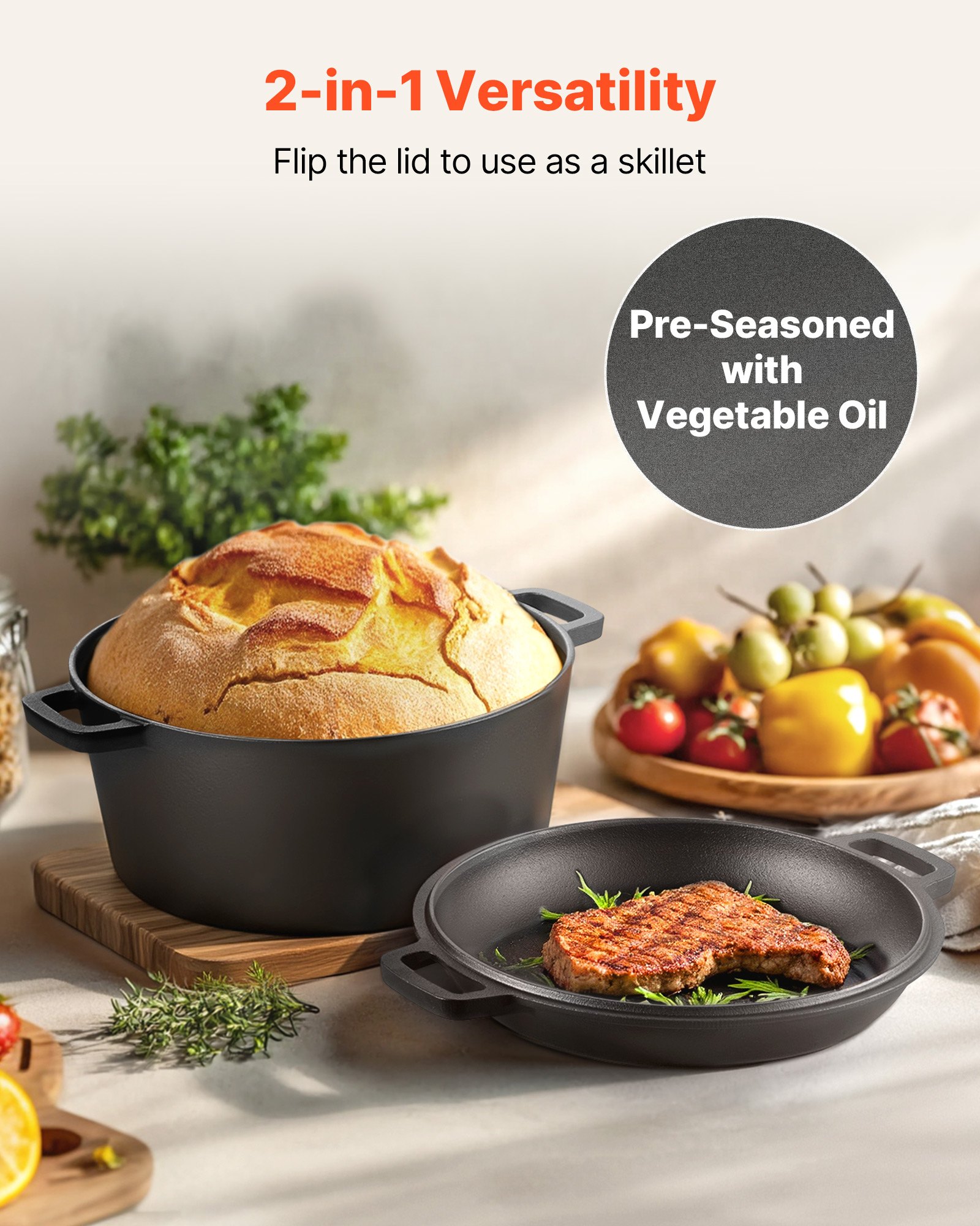 VEVOR Cast Iron Dutch Oven, 2-in-1 Pre-Seasoned Pot with Skillet Lid, 4.7L Cookware Pan with Proofing Basket, Bread Baking Accessories, Bread-Oven Compatible 260 ℃