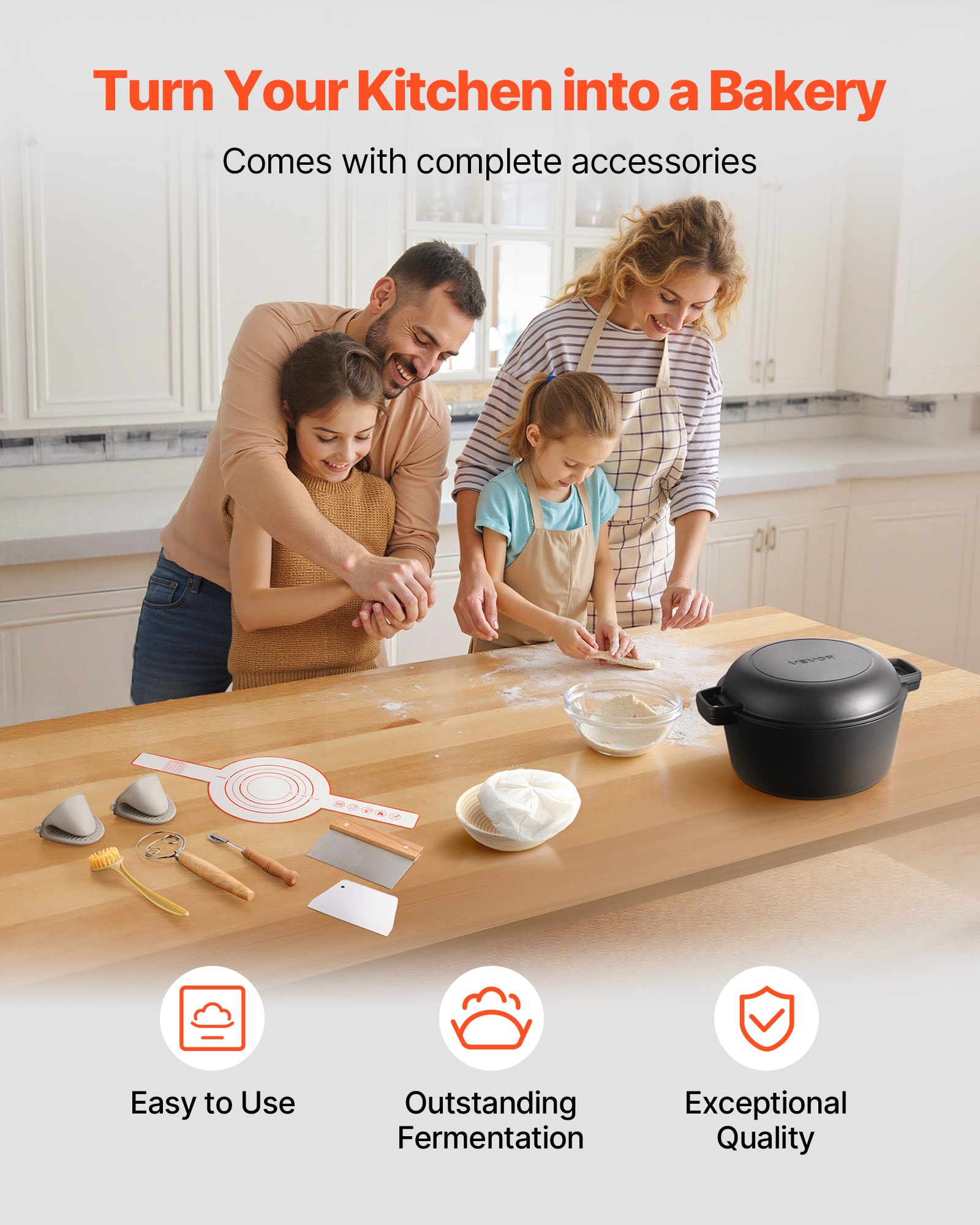 VEVOR Horno Holandés de Hierro Fundido, 2 en 1 con Tapa, 4,73 L, con Cesta de Fermentación y Accesorios, Compatible con Horno de Pan de 260 °C, para 3 a 5 Personas a la Vez, 322 x 260 x 165 mm