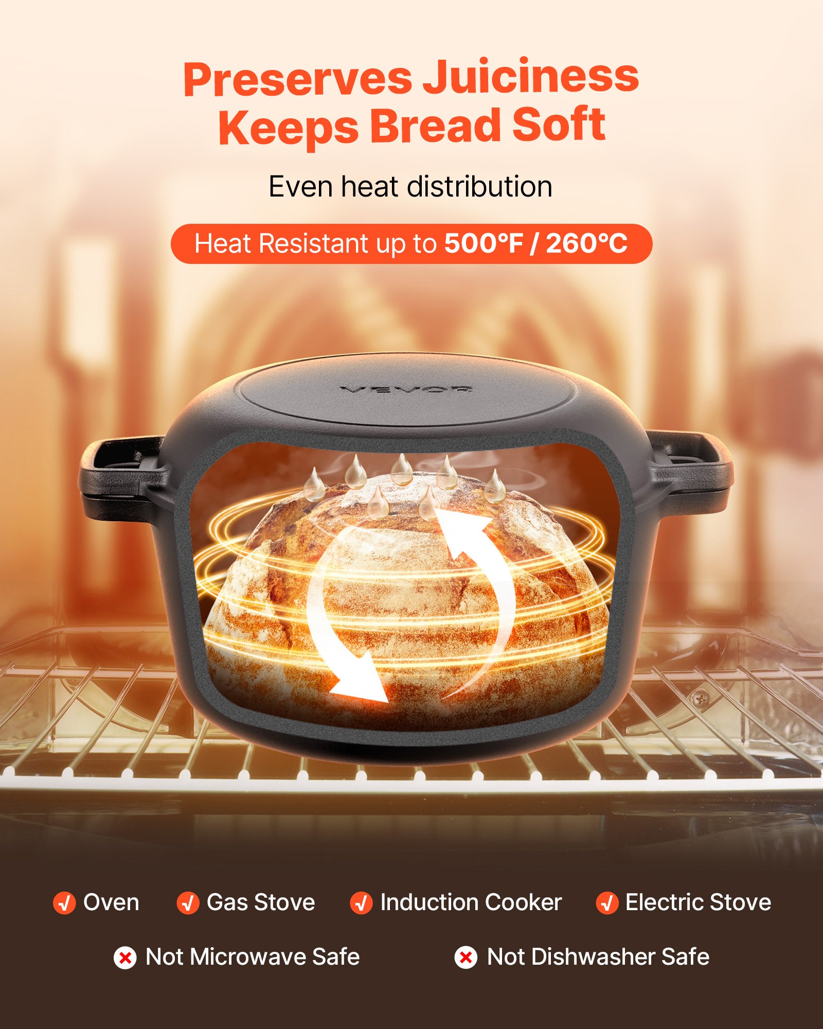 VEVOR Horno Holandés de Hierro Fundido, 2 en 1 con Tapa, 4,73 L, con Cesta de Fermentación y Accesorios, Compatible con Horno de Pan de 260 °C, para 3 a 5 Personas a la Vez, 322 x 260 x 165 mm