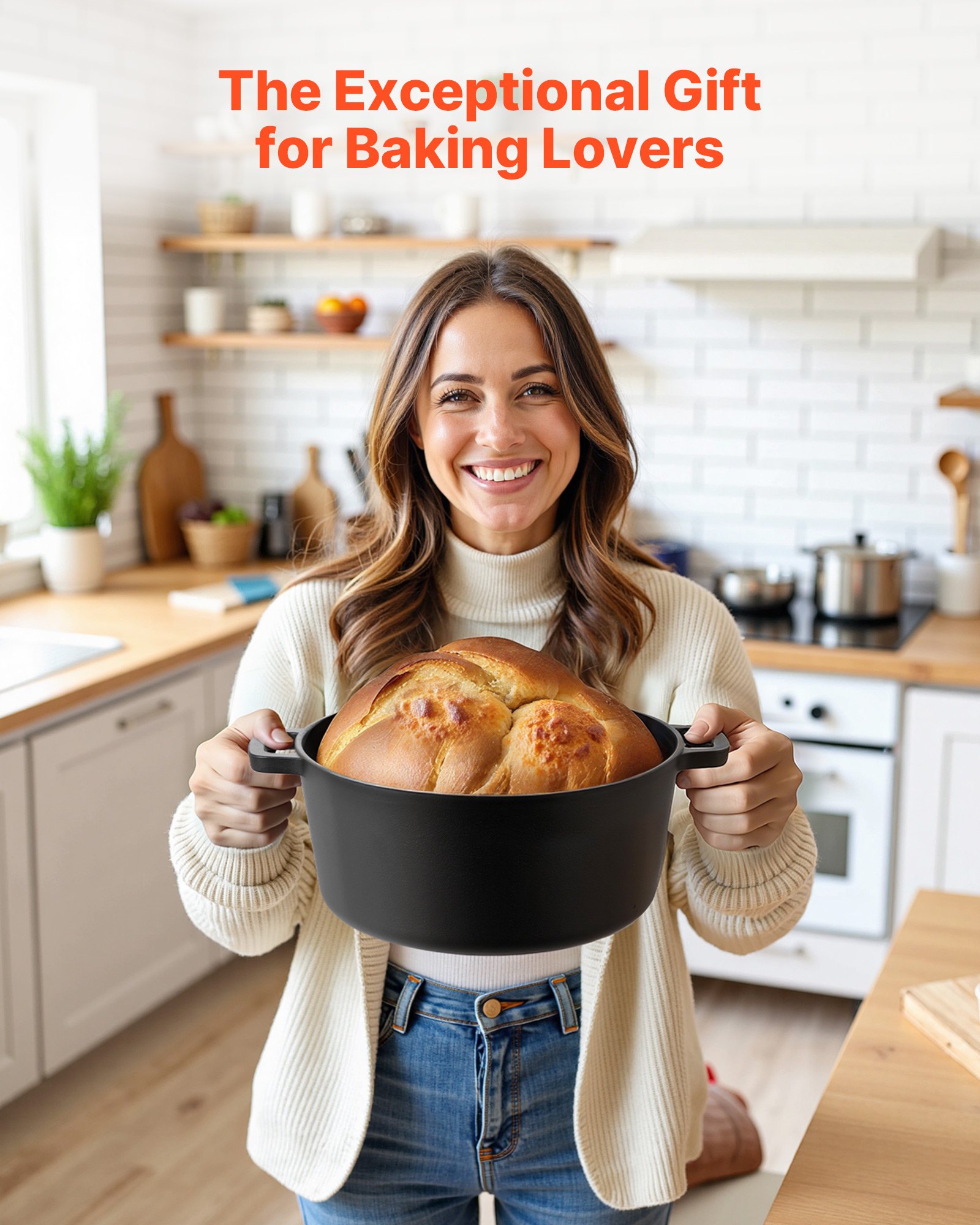 VEVOR Horno Holandés de Hierro Fundido, 2 en 1 con Tapa, 4,73 L, con Cesta de Fermentación y Accesorios, Compatible con Horno de Pan de 260 °C, para 3 a 5 Personas a la Vez, 322 x 260 x 165 mm