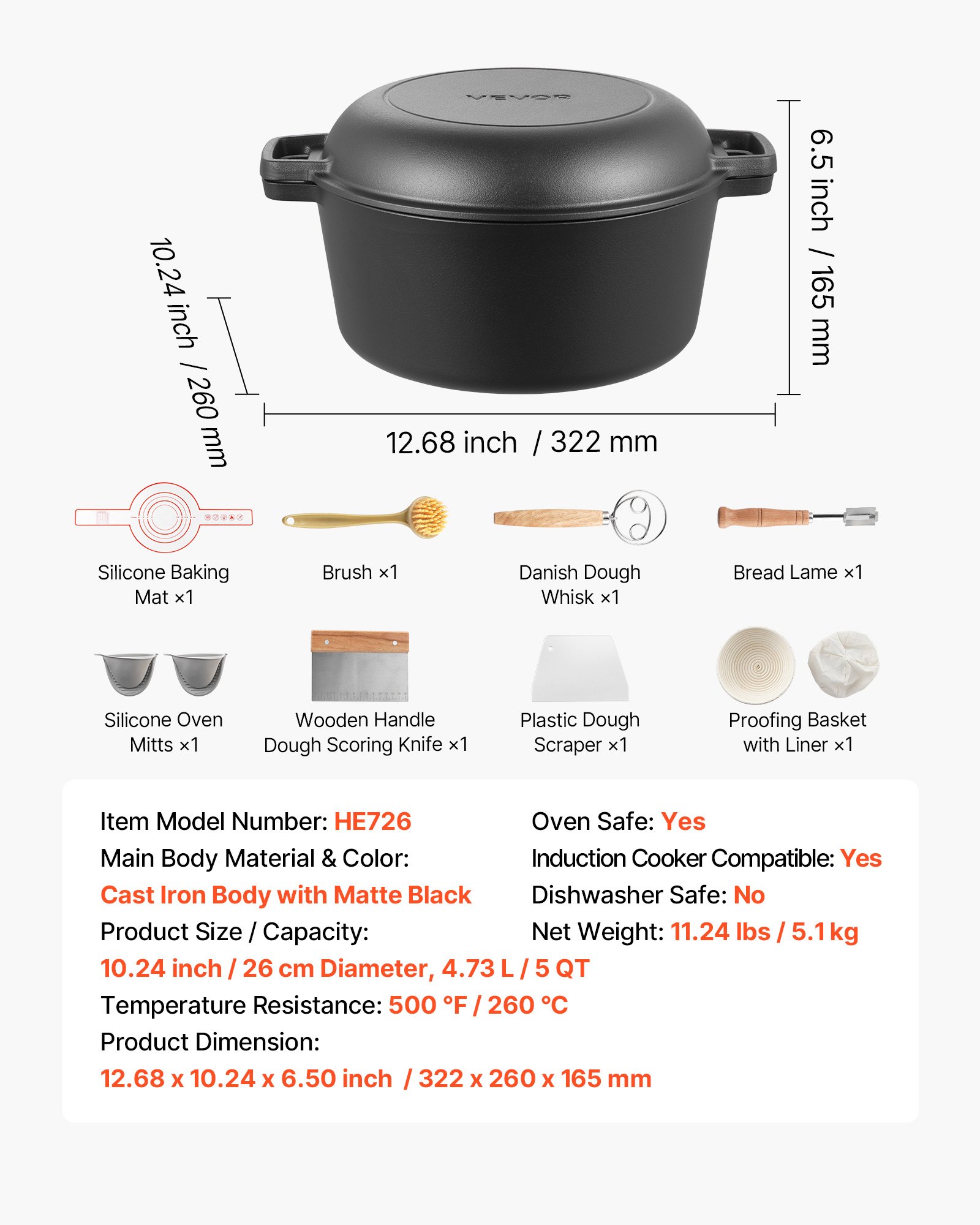 VEVOR Horno Holandés de Hierro Fundido, 2 en 1 con Tapa, 4,73 L, con Cesta de Fermentación y Accesorios, Compatible con Horno de Pan de 260 °C, para 3 a 5 Personas a la Vez, 322 x 260 x 165 mm