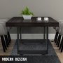Mesa de comedor moderna con patas de mesa VEVOR negras, tazas blancas y centro de mesa de planta verde.