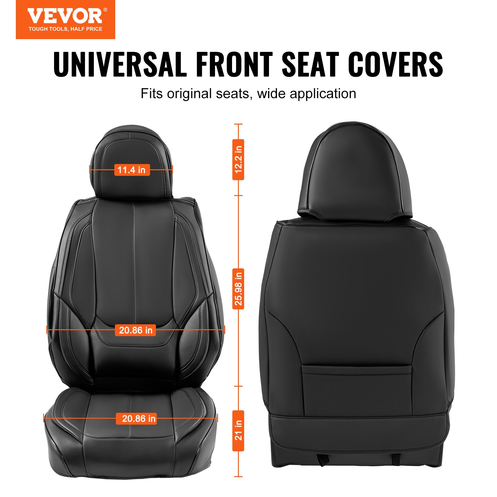 VEVOR Fundas de Asiento Universales Delanteros, 6 Piezas de Funda de Asiento de Piel Sintética, Diseño Completamente Cerrado, Reposacabezas Desmontable y Compatible con Airbag, para los Coches, Negro