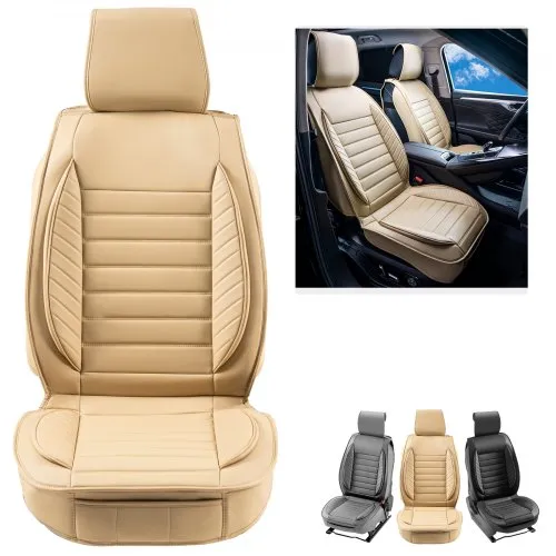 VEVOR Fundas de Asiento Universales Delanteros, 2 Fundas de Asiento de Piel Sintética, Diseño Semicerrado, Reposacabezas Desmontable y Compatible con Airbag, para los Coches, SUV y Camiones, Beige