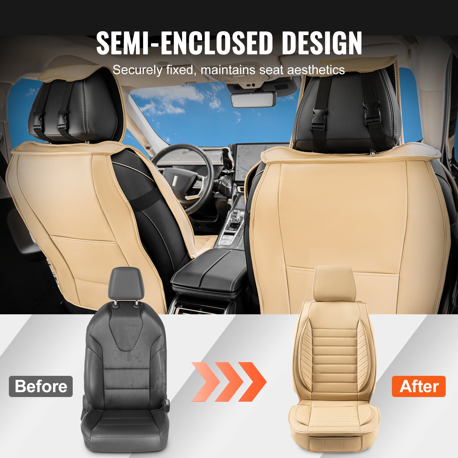 VEVOR Seat Covers, Universal Car Seat Covers for Front Seats, 2 Pieces, Faux Leather Seat Cover, Semi-Enclosed Design, Removable Headrest and Airbag Compatible, for Most Cars, SUVs and Trucks, Beige