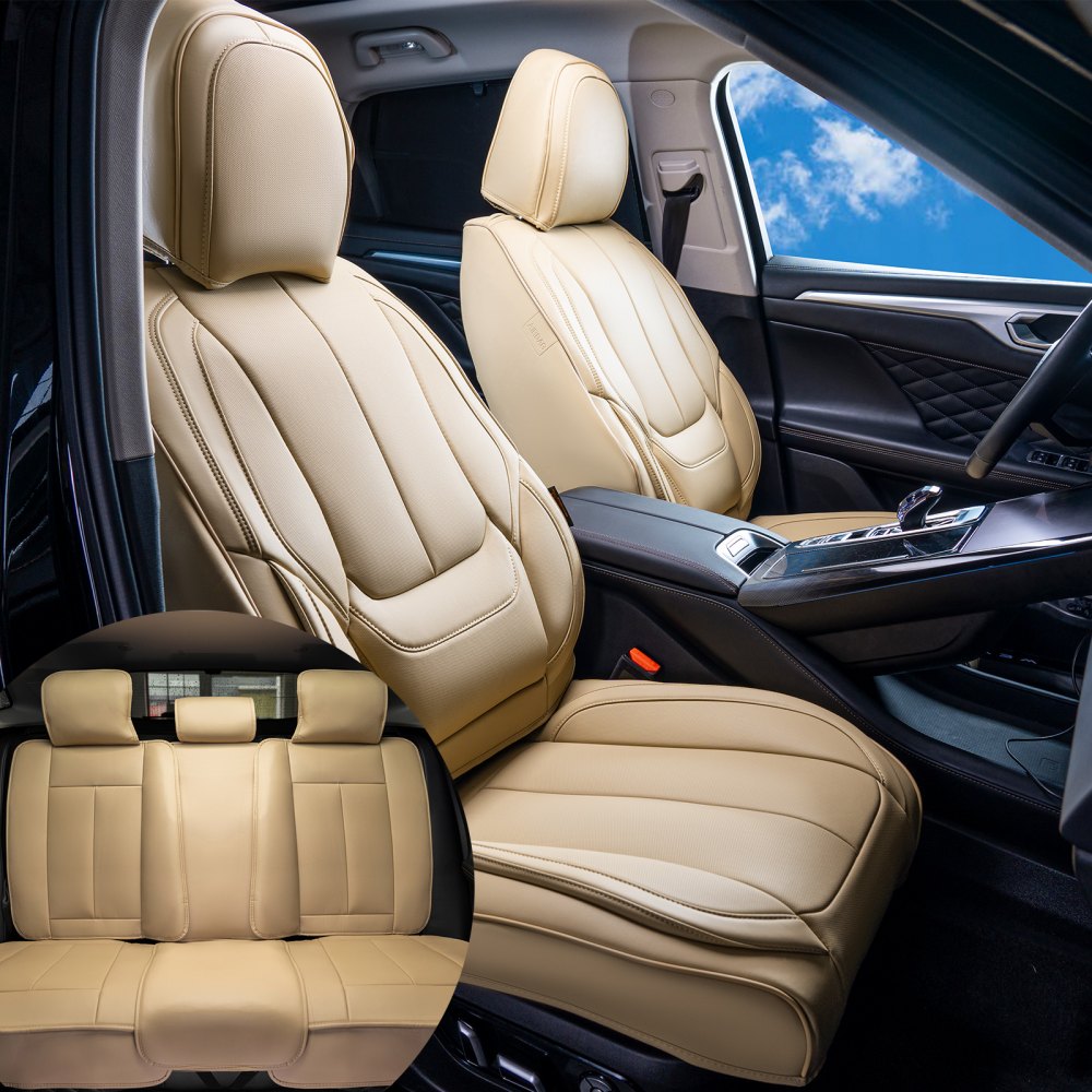 VEVOR Fundas de Asiento Universales para Asientos de Automóvil, Juego Completo de Asientos Delanteros y Traseros, 13 Piezas de Funda de Asiento de Piel Sintética, para la Mayoría de los Autos, Beige