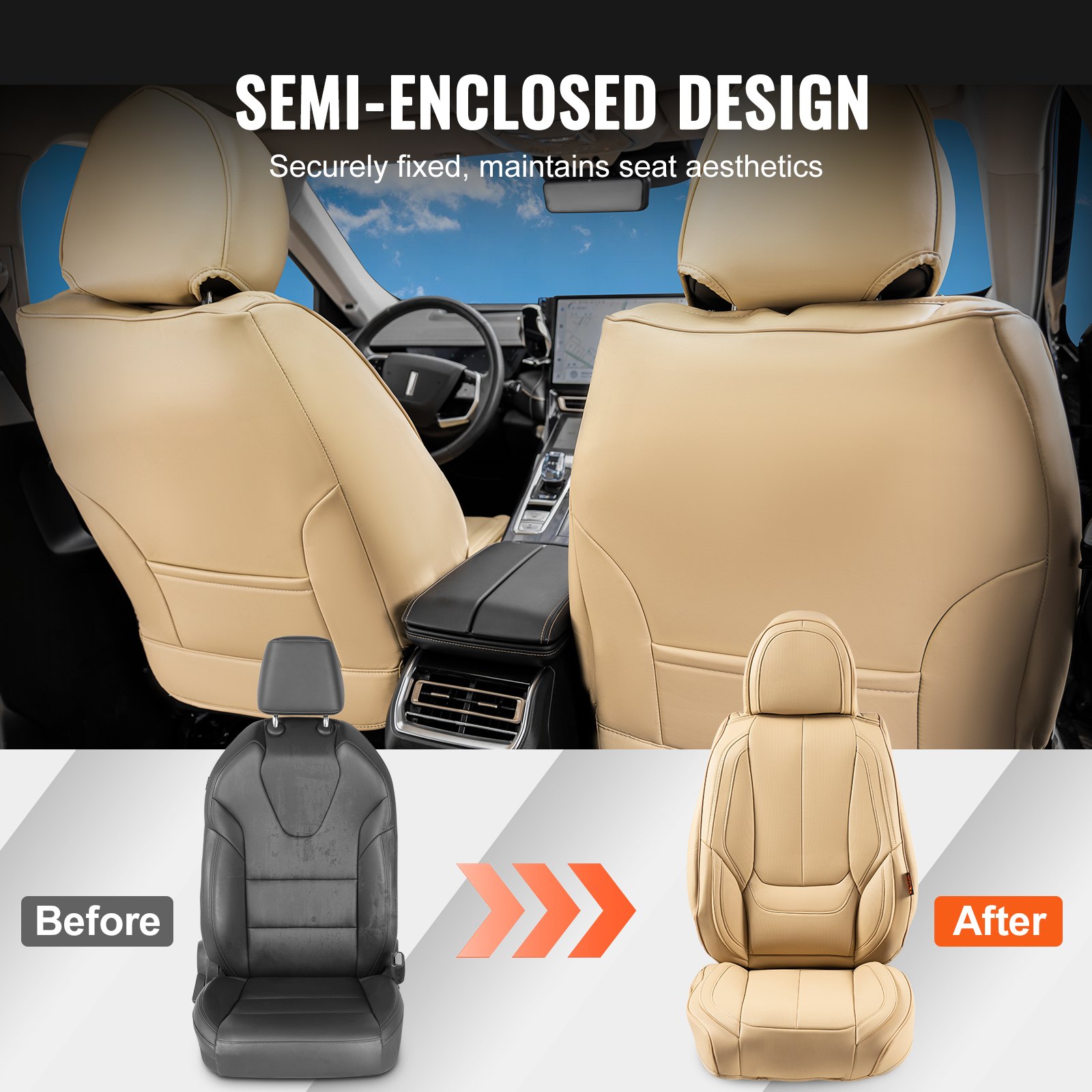 VEVOR Fundas de Asiento Universales para Asientos de Automóvil, Juego Completo de Asientos Delanteros y Traseros, 13 Piezas de Funda de Asiento de Piel Sintética, para la Mayoría de los Autos, Beige