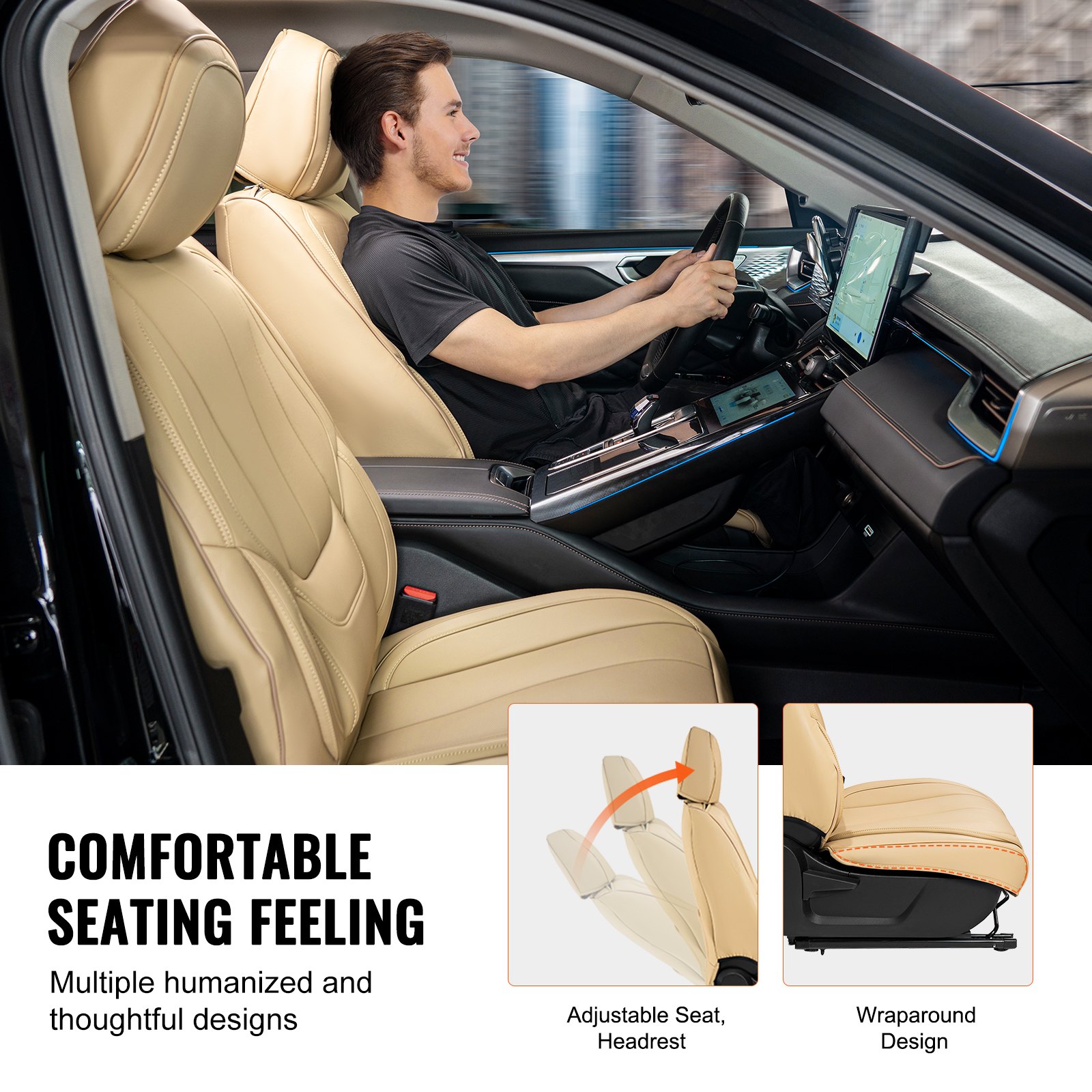 VEVOR Fundas de Asiento Universales Delanteros, 6 Piezas de Funda de Asiento de Piel Sintética, Reposacabezas Desmontable y Compatible con Airbag, para la Mayoría de los Coches, SUV y Camiones, Beige