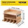 Organizador de herramientas eléctricas VEVOR con medidas, estructura de madera, múltiples ranuras y compartimentos laterales.