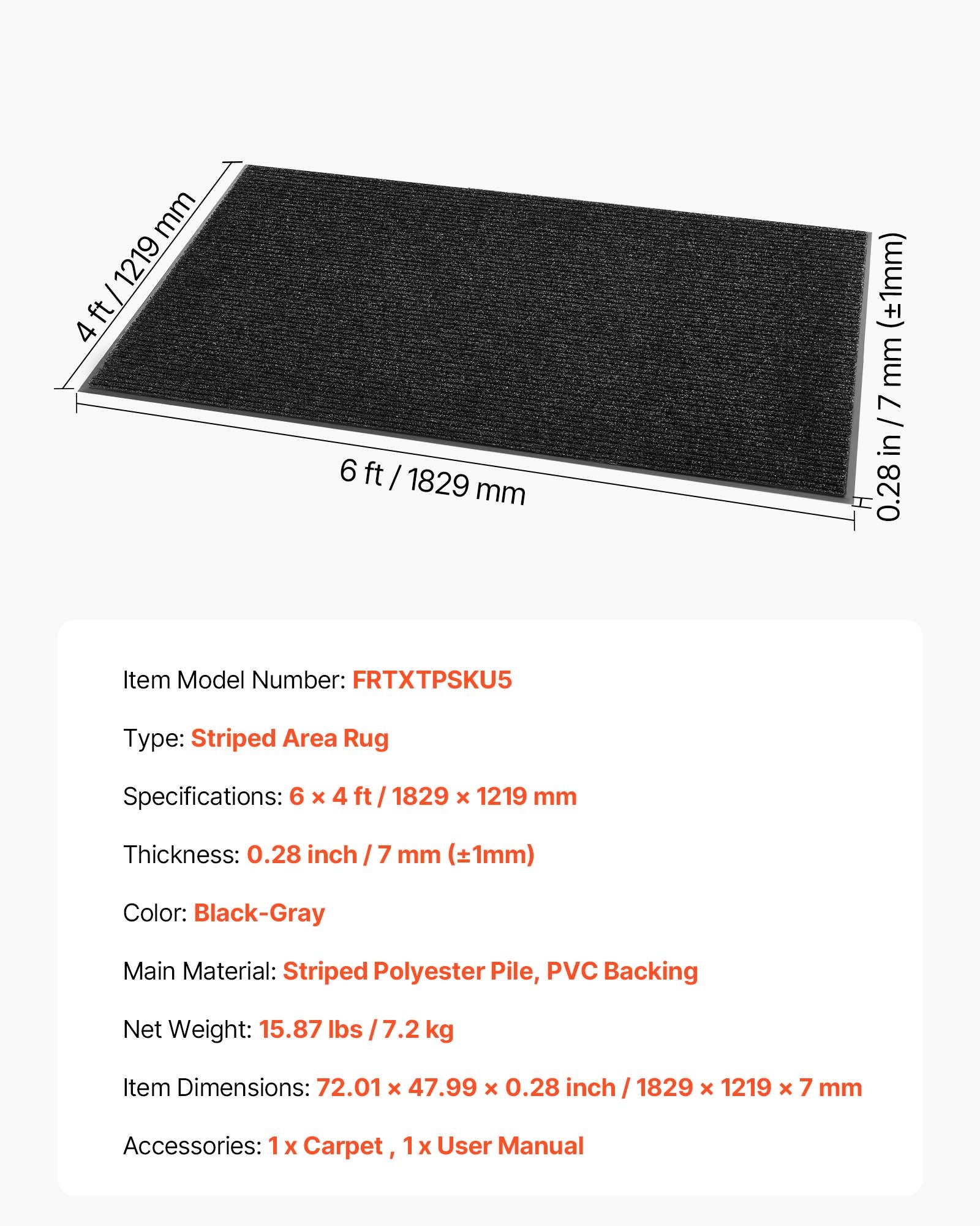 VEVOR Felpudo para Puerta de Entrada, Interior y Exterior, Elegante Alfombra de Tiras Largas con Reverso PVC, Resistente y Lavable, para Pasillo, Balcón y Garaje, Color Gris, 1829 x 1219 x 7 mm
