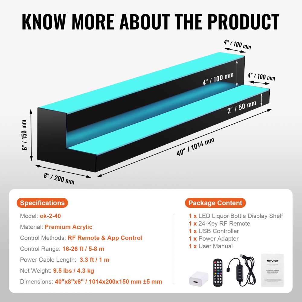 VEVOR Bar Shelf Wine Rack, LED-Illuminated Home Bar Shelf with RF Remote Control and App Control, 2-Tier Acrylic Drink Lighting Shelf, 1014 x 200 x 150 mm Commercial Wine Bottle Stand