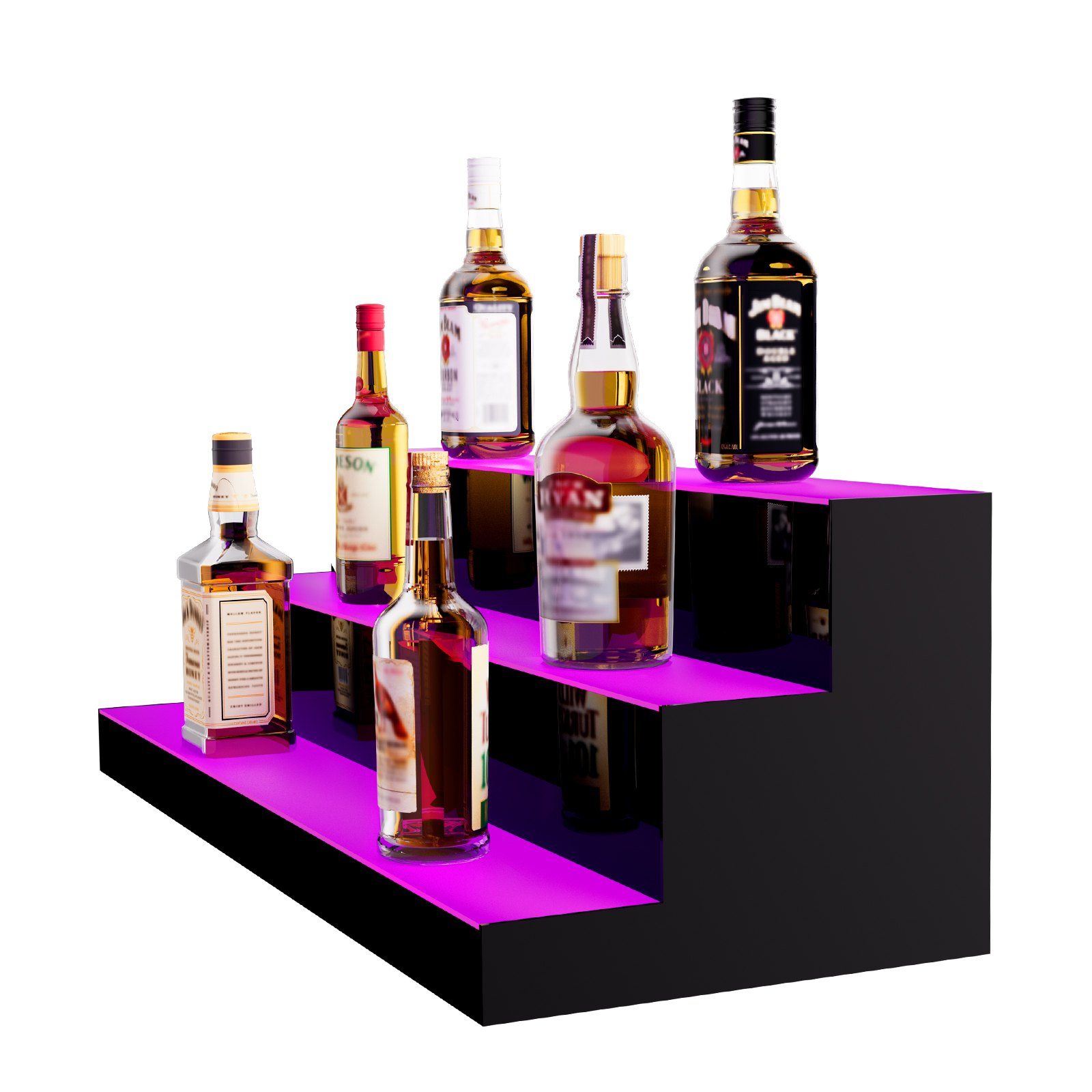 Estante de exhibición de botellas de licor iluminado con LED VEVOR, estante de barra comercial iluminado de 3 niveles y 30 pulgadas, soporte para whisky de 3 pasos, estantes acrílicos para bebidas con control remoto RF y aplicación e iluminación multicolor