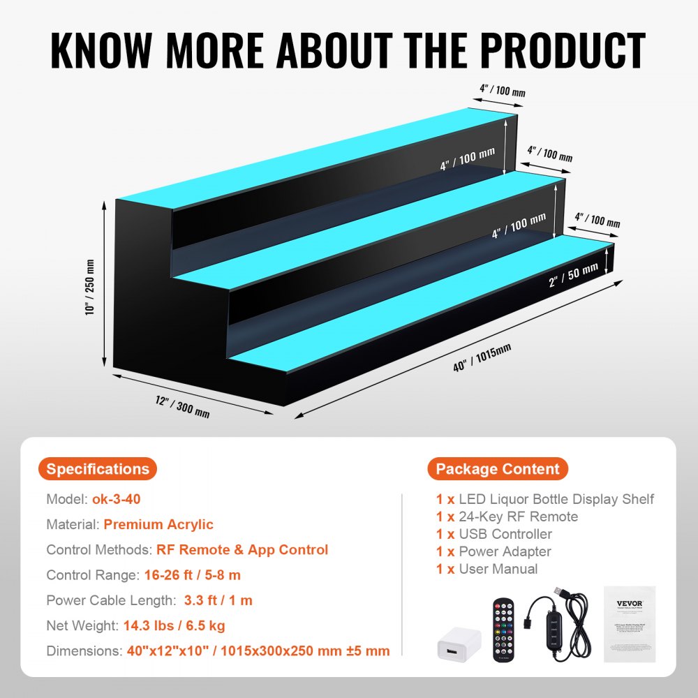 Estante de exhibición de botellas de licor iluminado con LED VEVOR, estante de barra comercial iluminado de 3 niveles y 40 pulgadas, soporte para whisky de 3 pasos, estantes acrílicos para bebidas con control remoto RF y aplicación e iluminación multicolor