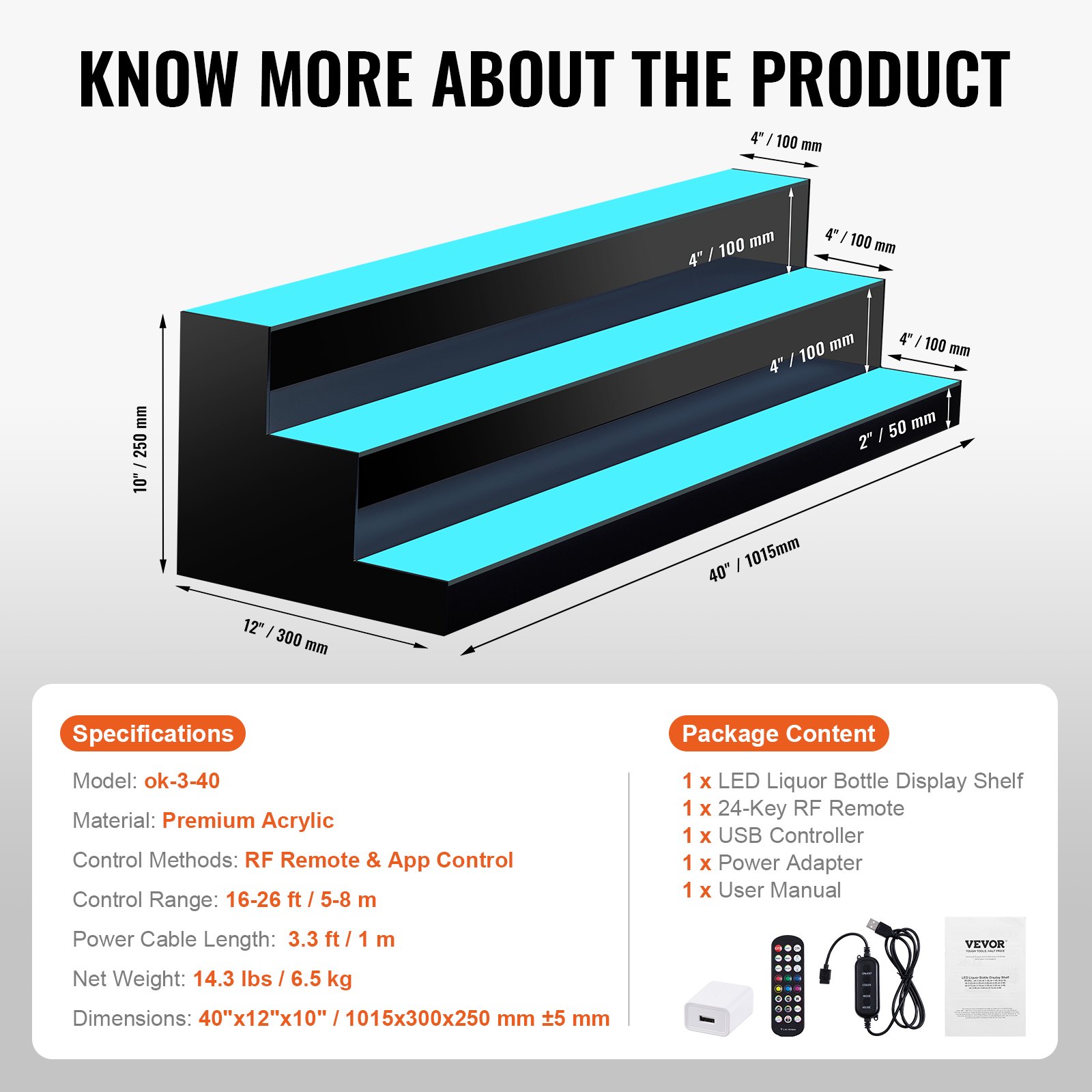 Estante de exhibición de botellas de licor iluminado con LED VEVOR, estante de barra comercial iluminado de 3 niveles y 40 pulgadas, soporte para whisky de 3 pasos, estantes acrílicos para bebidas con control remoto RF y aplicación e iluminación multicolor
