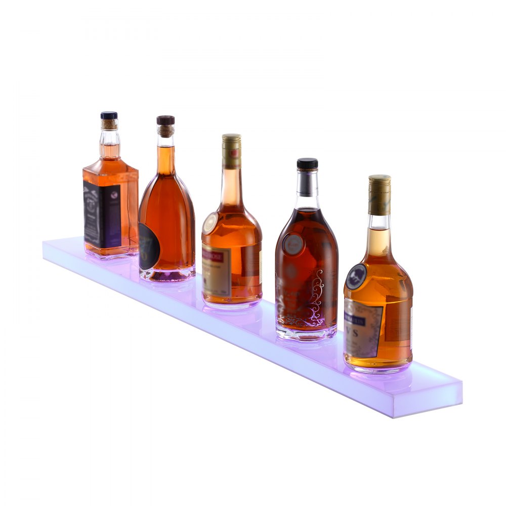 Estante para exhibición de botellas de licor con iluminación LED VEVOR, soporte para whisky de 1 nivel y 40 pulgadas montado en la pared, estante para barra de casa iluminado comercial de 1 paso, estantes de iluminación de bebidas de acrílico con control remoto RF y aplicación