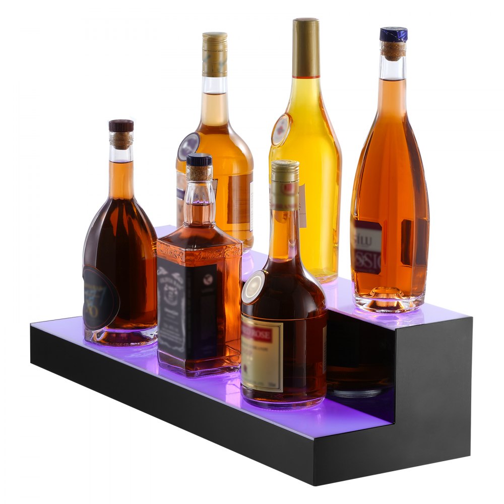 Estante de exhibición de botellas de licor iluminado con LED VEVOR, estante de barra comercial iluminado de 2 niveles y 24 pulgadas, soporte para whisky de 2 pasos, estantes acrílicos para bebidas con control remoto RF y aplicación e iluminación multicolor