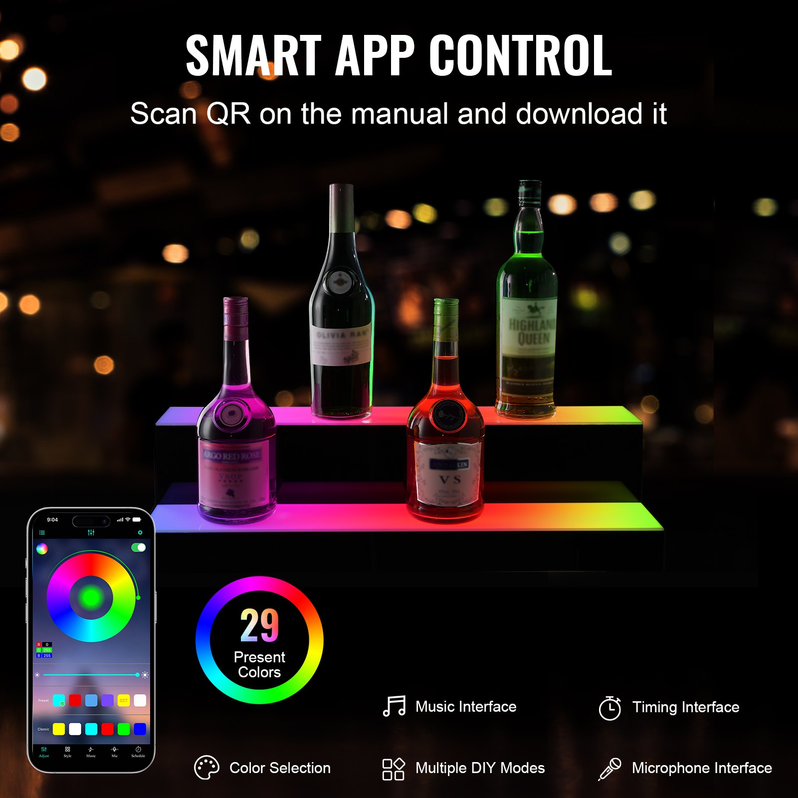 Estante de exhibición de botellas de licor iluminado con LED VEVOR, estante de barra comercial iluminado de 2 niveles y 24 pulgadas, soporte para whisky de 2 pasos, estantes acrílicos para bebidas con control remoto RF y aplicación e iluminación multicolor