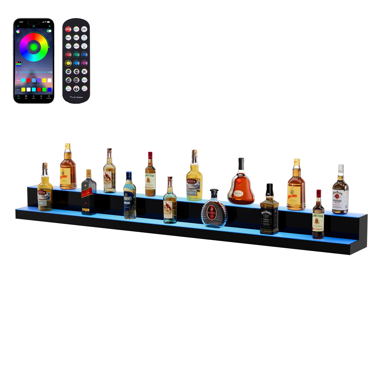 VEVOR Bar Shelf Wine Rack, LED-Illuminated Home Bar Shelf with RF Remote Control and App Control, 2-Tier Acrylic Drink Lighting Shelf, 1828 x 200 x 150 mm Freestanding Wine Bottle Stand