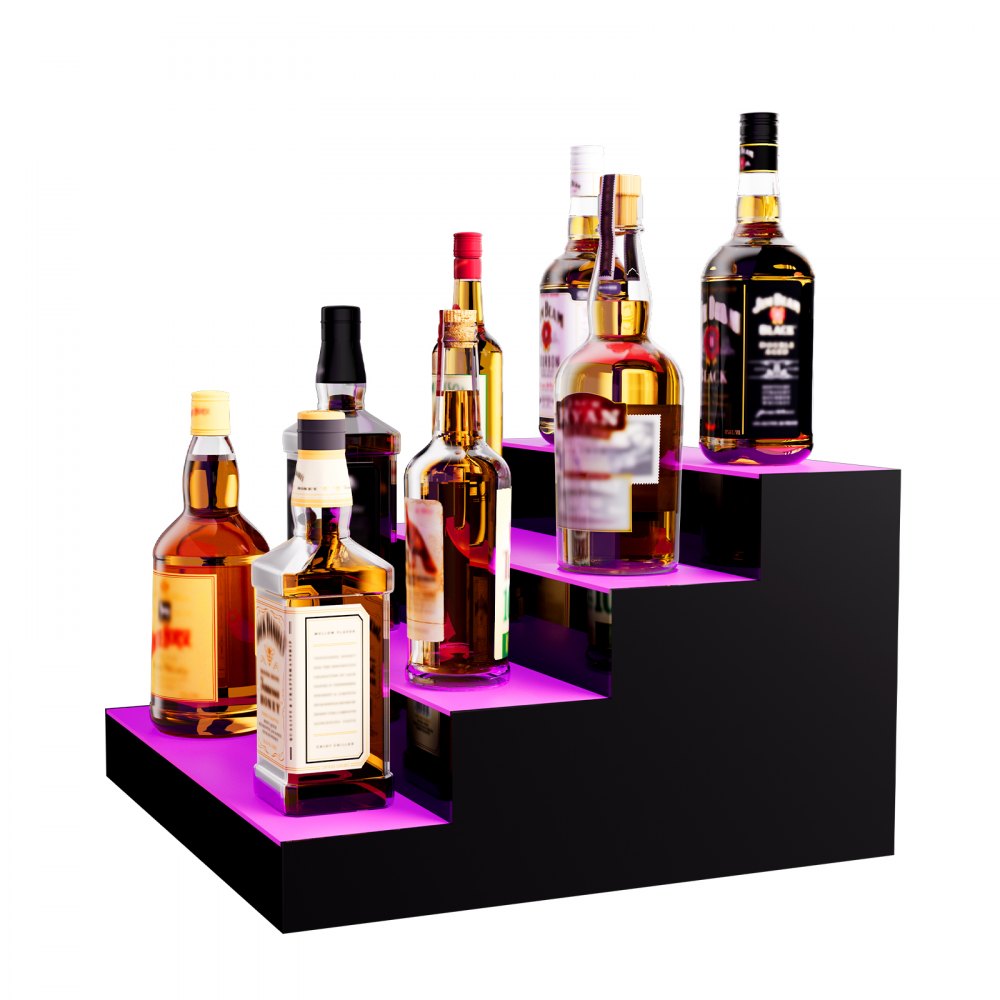 VEVOR Estante de exhibición de botellas de licor iluminado con LED, estante de barra comercial iluminado de 4 niveles y 16 pulgadas, soporte para whisky de 4 pasos, estantes acrílicos para bebidas con control remoto RF y aplicación e iluminación multicolor