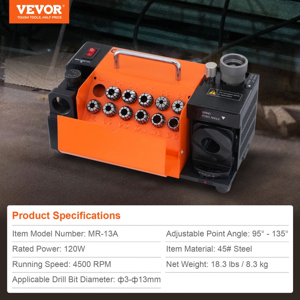 VEVOR MR-13A Drill Sharpener 120 W Drill Grinding Machine 4500 rpm Sharpening Station Steel Drill Sharpener 95-135° Adjustable Point Angle 11 Collets Suitable for Drill Diameters φ3-13 mm