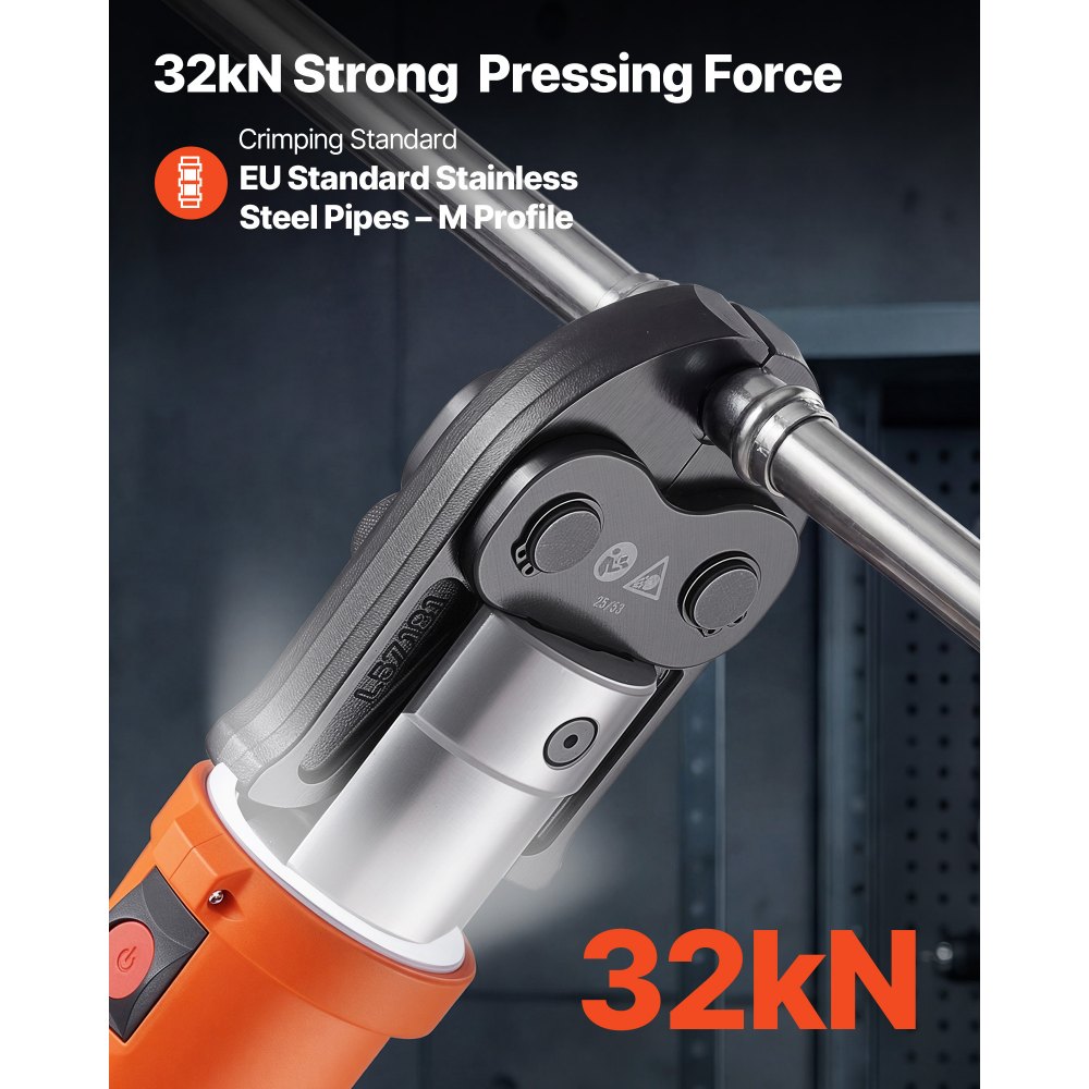 VEVOR Herramienta de Prensado de Tuberías 32 kN 18 V, Juego de Herramientas de Prensado para Tubos con Mordazas M15 M22 M28 Perfil M, Prensadora Inalámbrica para Fontanería Incluye Baterías Cargador