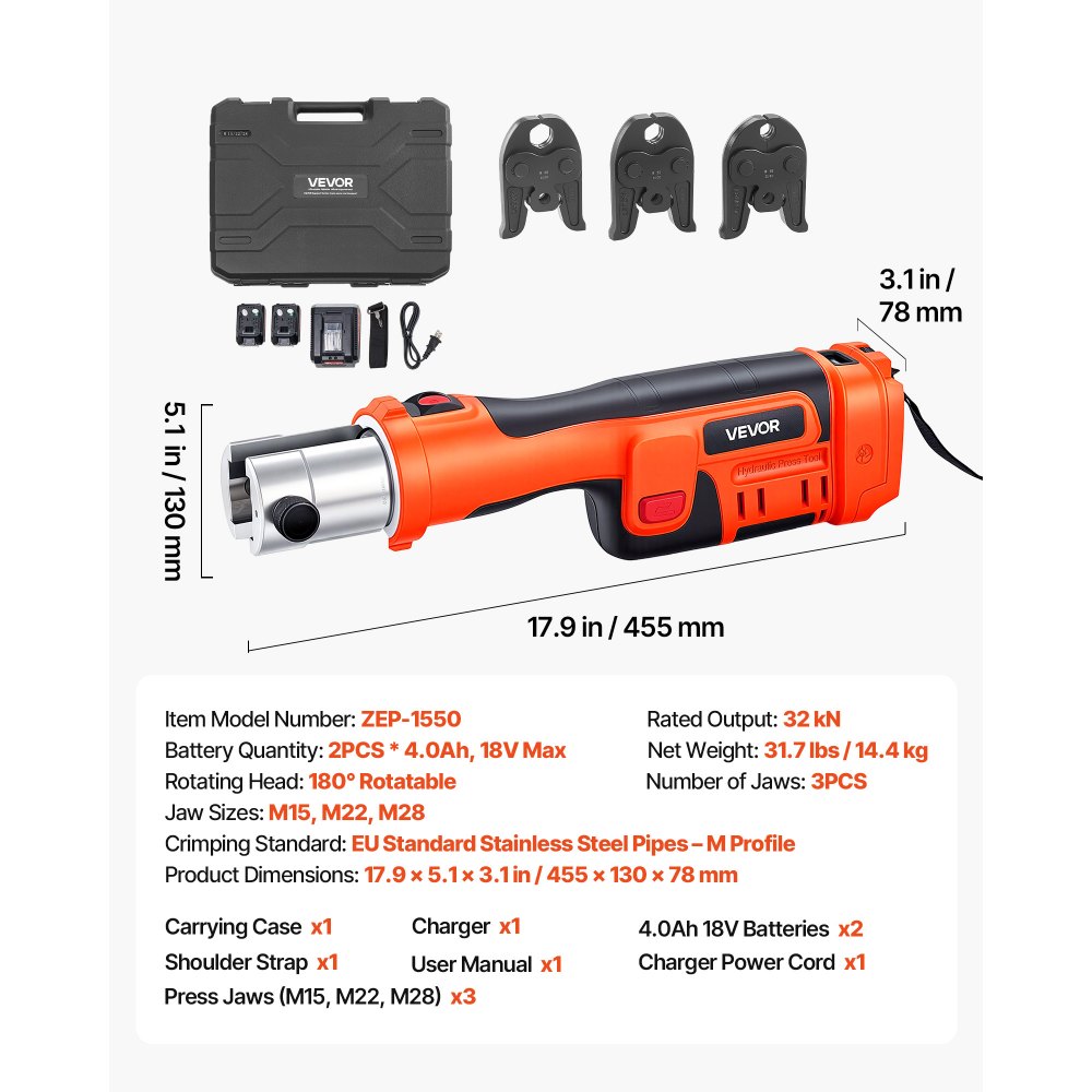 VEVOR Herramienta de Prensado de Tuberías 32 kN 18 V, Juego de Herramientas de Prensado para Tubos con Mordazas M15 M22 M28 Perfil M, Prensadora Inalámbrica para Fontanería Incluye Baterías Cargador