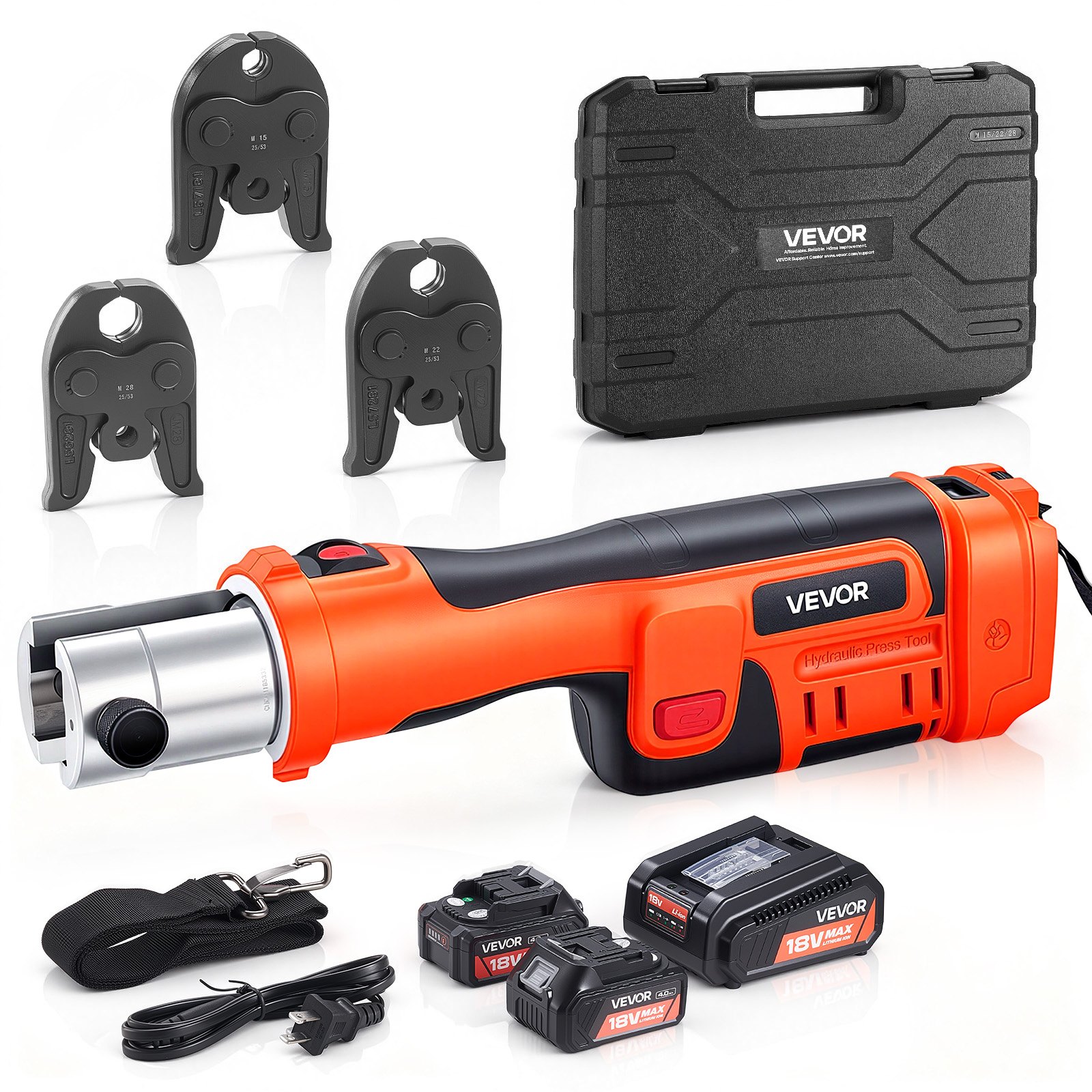 VEVOR Herramienta de Prensado de Tuberías 32 kN 18 V, Juego de Herramientas de Prensado para Tubos con Mordazas M15 M22 M28 Perfil M, Prensadora Inalámbrica para Fontanería Incluye Baterías Cargador