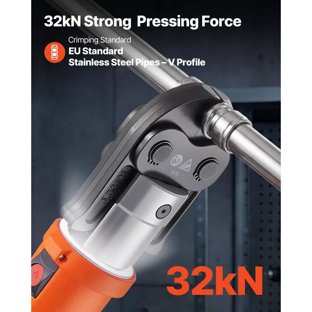 VEVOR Herramienta de Prensado de Tuberías 32 kN 18 V, Juego de Herramientas de Prensado para Tubos con Mordazas V15 V22 V28 Perfil V, Prensadora Inalámbrica para Fontanería Incluye Cargador Baterías