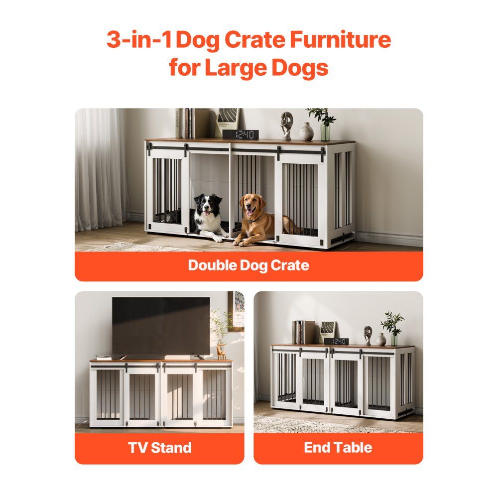 VEVOR Jaula para Perros 1800 x 600 x 861 mm para Dos Perros con Puertas Corredizas Dobles, Soporte para TV para Jaula para Perros con Marco de Acero para Perros Pequeños, Medianos y Grandes, Blanco