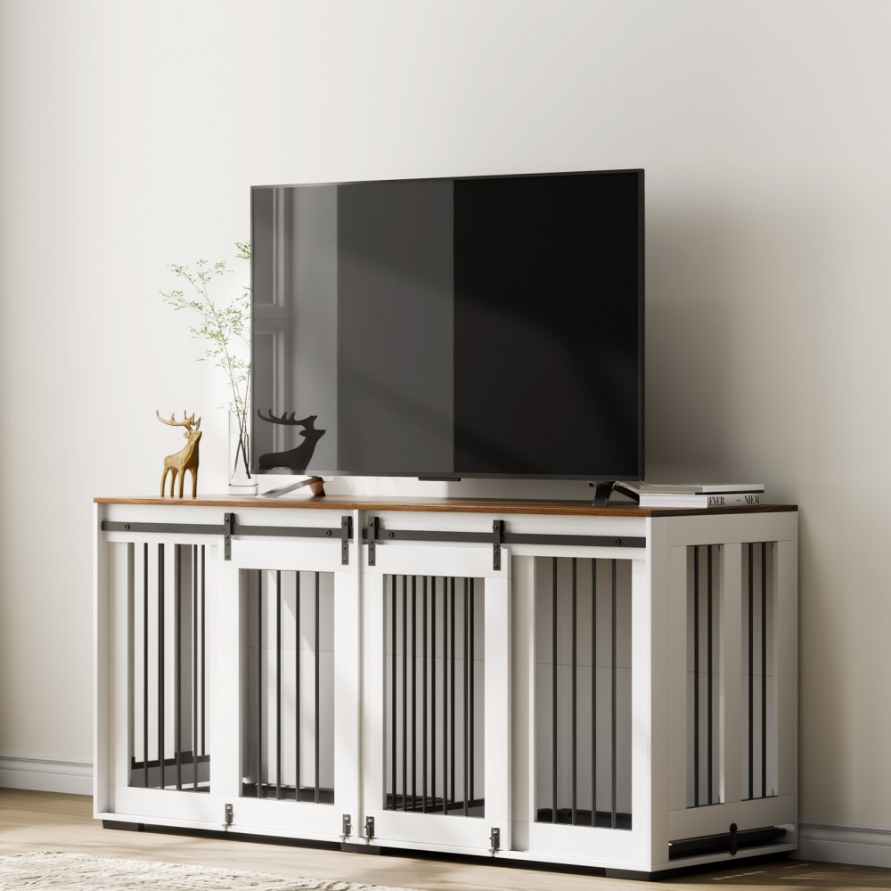 VEVOR Dog Cage Furniture for 2 Dogs, 1800x600x861mm, Double Dog Crate Furniture with Double Sliding Doors, Dog Crate TV Stand, Steel Frame, Double Dog Crate for Small, Medium & Large Dogs, White
