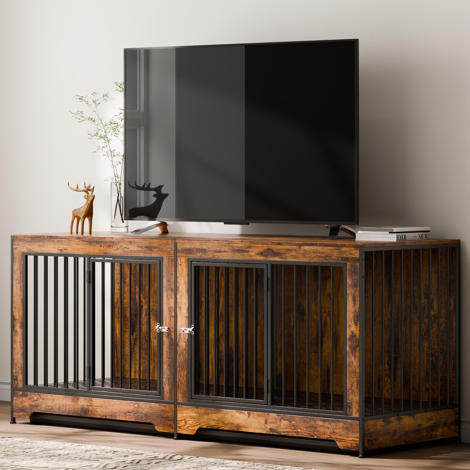 VEVOR Jaula para Perros de 1901 x 670 x 824 mm para Dos Perros con Divisor y Puertas Dobles, Soporte para TV para Jaula para Perros Extragrande para Perros Pequeños, Medianos y Grandes, Marrón