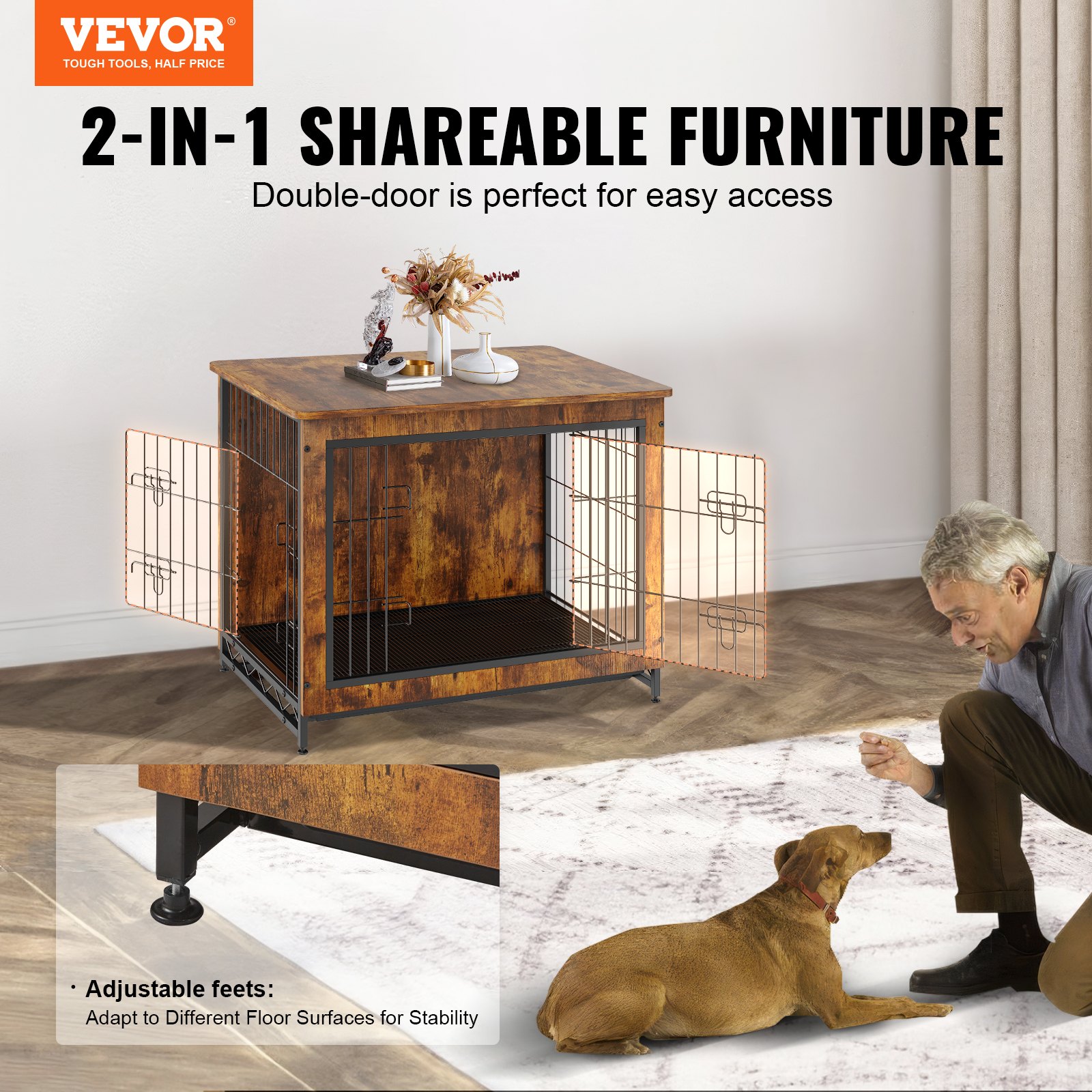 VEVOR Jaula para Perros 82,6x55,6x64cm Mueble Moderno de Jaula para Perros de Madera Mesa Auxiliar Interior Multiusos con Doble Puerta y Bandeja Fácil Montaje para Perros de hasta 20kg, Marrón Rústico