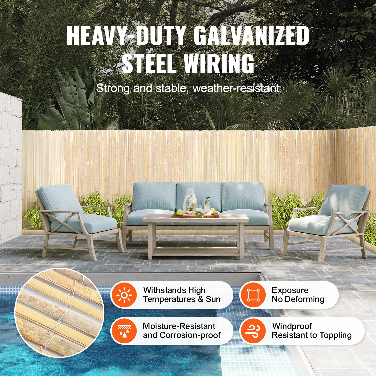 VEVOR Valla de Láminas de Bambú Natural 6 x 0,9 m Pantalla de Privacidad Rollo Protector Decorativo de Bambú para Ocultación en Jardín, Patio Trasero, Balcón, Terraza, Junto a la Piscina