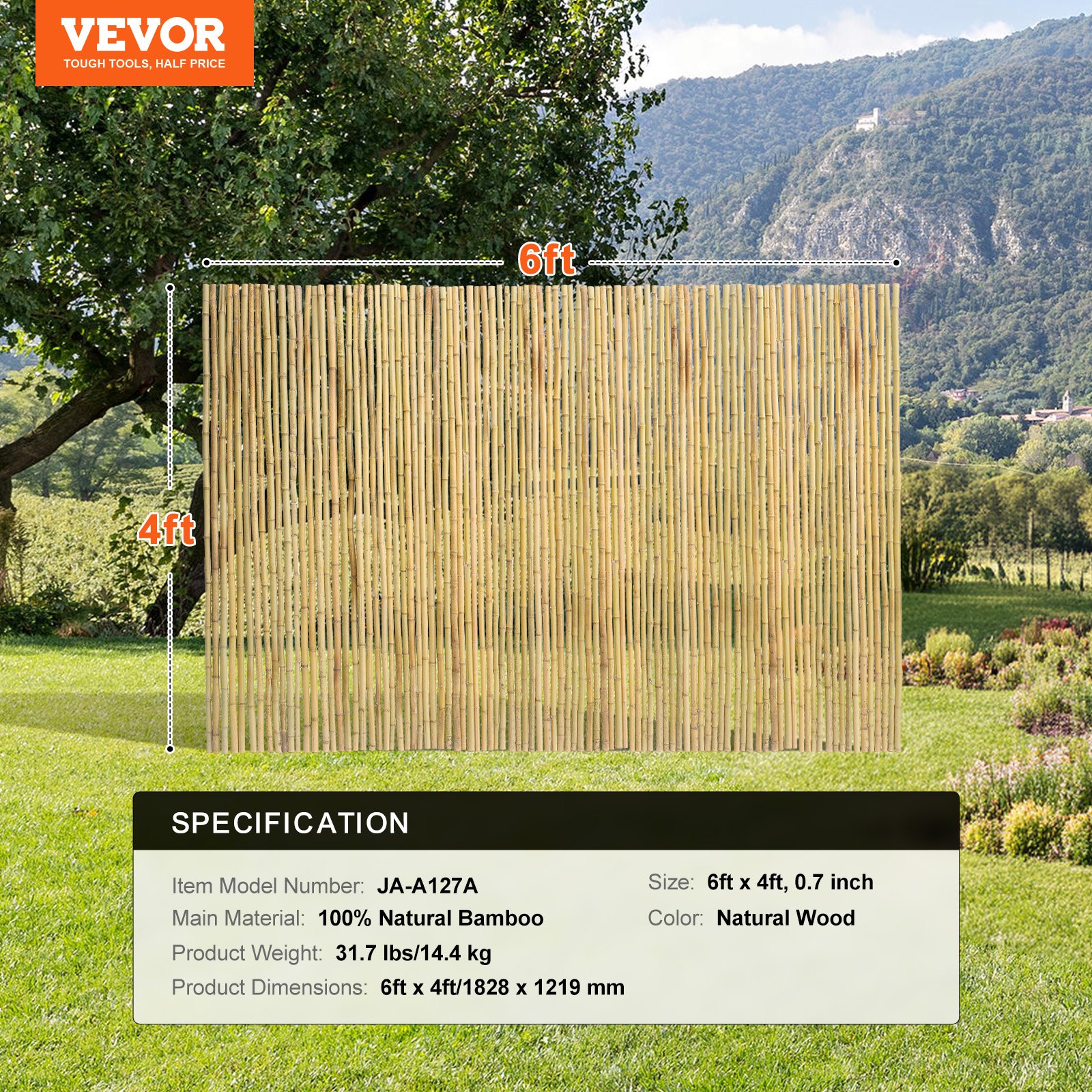 VEVOR Valla de Bambú Natural 1,8 x 1,2 m Pantalla de Privacidad Rollo Protector de Bambú Decorativo Pantalla de Privacidad para Jardín, Patio Trasero, Balcón, Terraza, Piscina, Terraza
