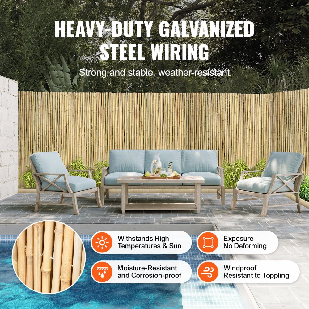 VEVOR Valla de Bambú Natural 2,4 x 1,2 m Pantalla de Privacidad Rollo Protector de Bambú Decorativo Pantalla de Privacidad para Jardín, Patio Trasero, Balcón, Terraza, Piscina, Terraza