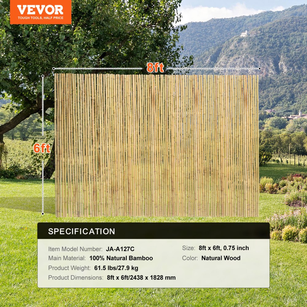 VEVOR Valla de Bambú Natural 2,4 x 1,8 m Pantalla de Privacidad Rollo Protector de Bambú Decorativo Pantalla de Privacidad para Jardín, Patio Trasero, Balcón, Terraza, Piscina, Terraza