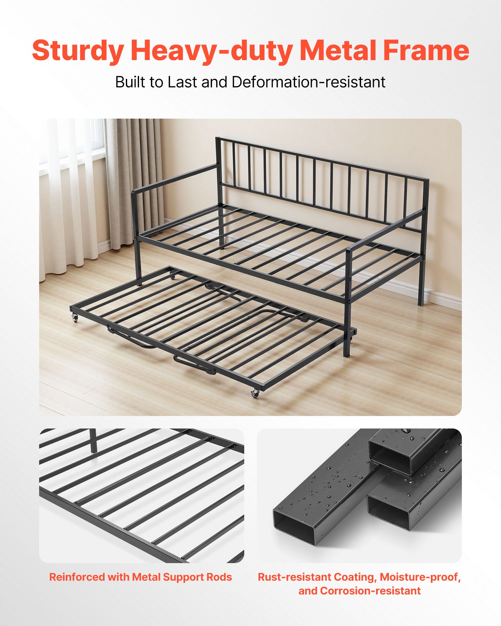 VEVOR Estructura de Sofá Cama de Metal 196x98x96,5 cm Marco de Cama de Día con Estación de Carga LED Carga de 181,44 kg para Apartamento, Sala de Estar, Dormitorio, Habitación de Invitados, Negro