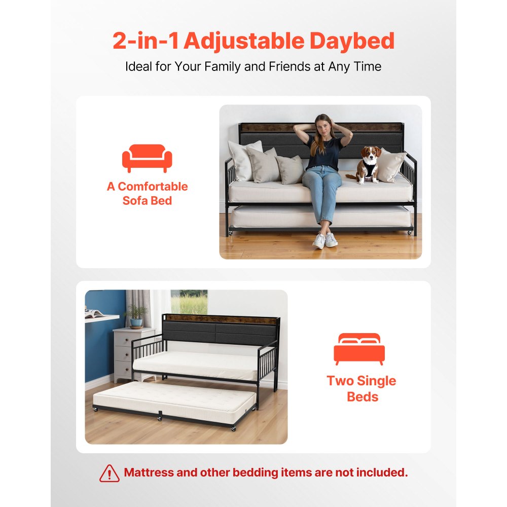 VEVOR Twin Size Daybed Frame, Day Bed with Trundle, Heavy Duty Metal Platform Bed Frame with Charging Station, Twin Daybed with Metal Slats Support for Living Room, Bedroom, Guest Room, Easy Assembly