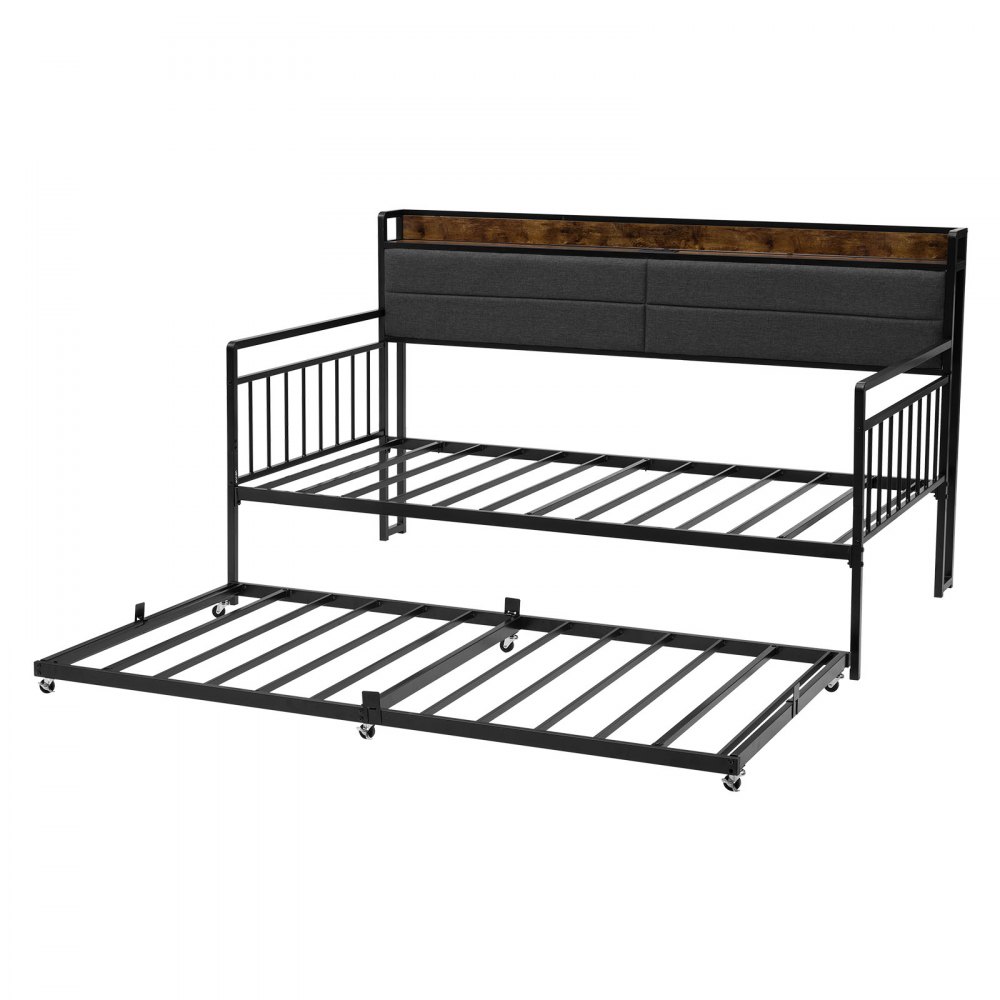 VEVOR Twin Size Daybed Frame, Day Bed with Trundle, Heavy Duty Metal Platform Bed Frame with Charging Station, Twin Daybed with Metal Slats Support for Living Room, Bedroom, Guest Room, Easy Assembly