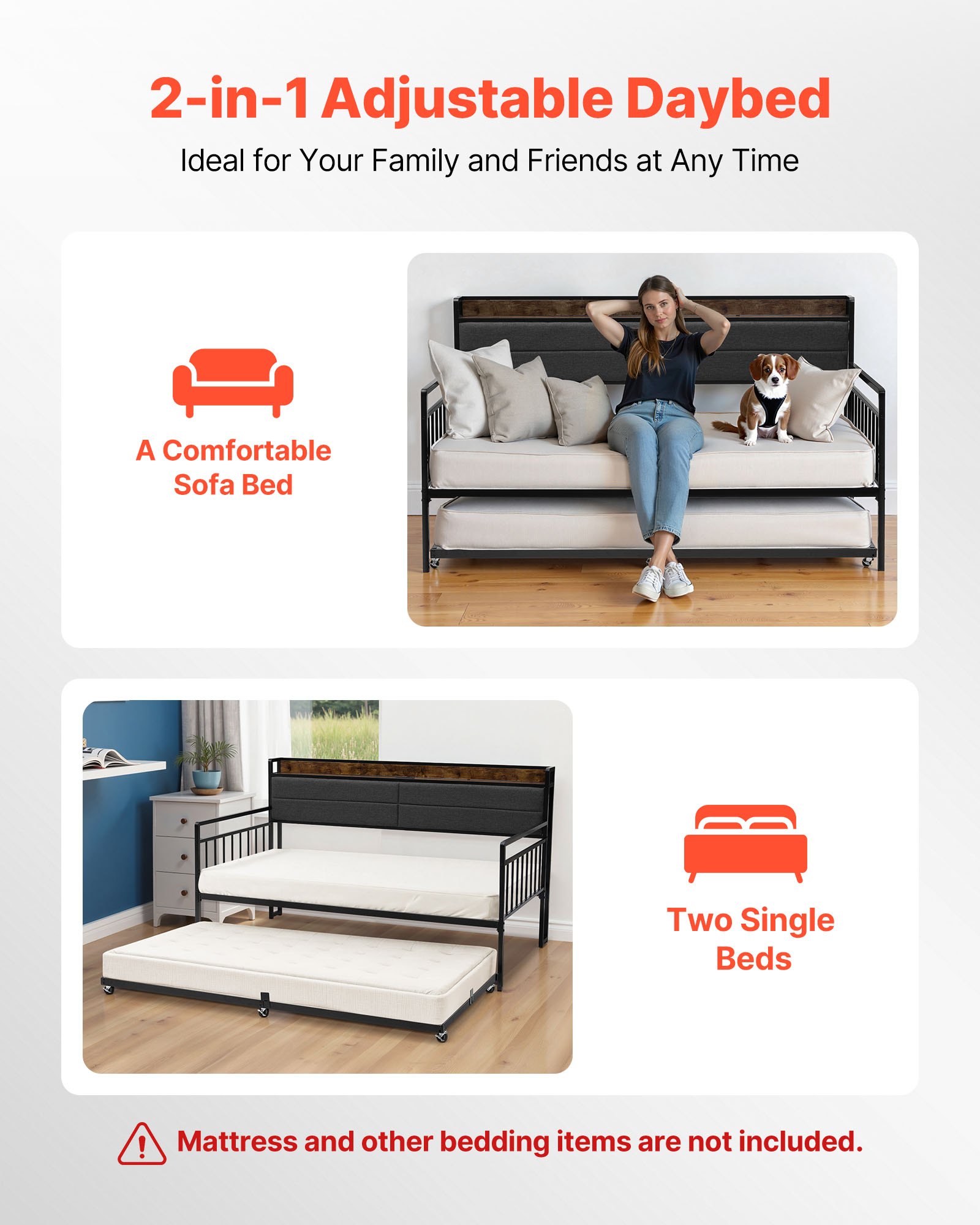 VEVOR Twin Size Daybed Frame, Day Bed with Trundle, Heavy Duty Metal Platform Bed Frame with Charging Station, Twin Daybed with Metal Slats Support for Living Room, Bedroom, Guest Room, Easy Assembly